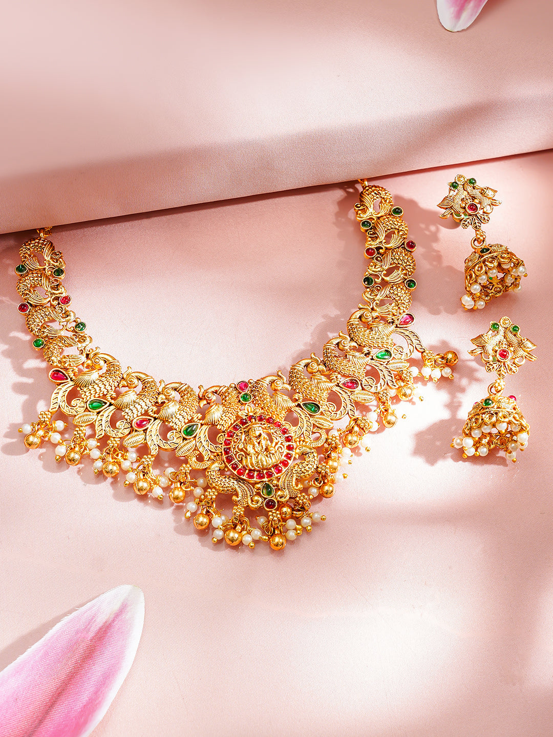 【Rubans】 Gold-Plated Temple Lakshmi Peacock Necklace Set｜ゴールドメッキ テンプル ラクシュミー 孔雀 ネックレスセット