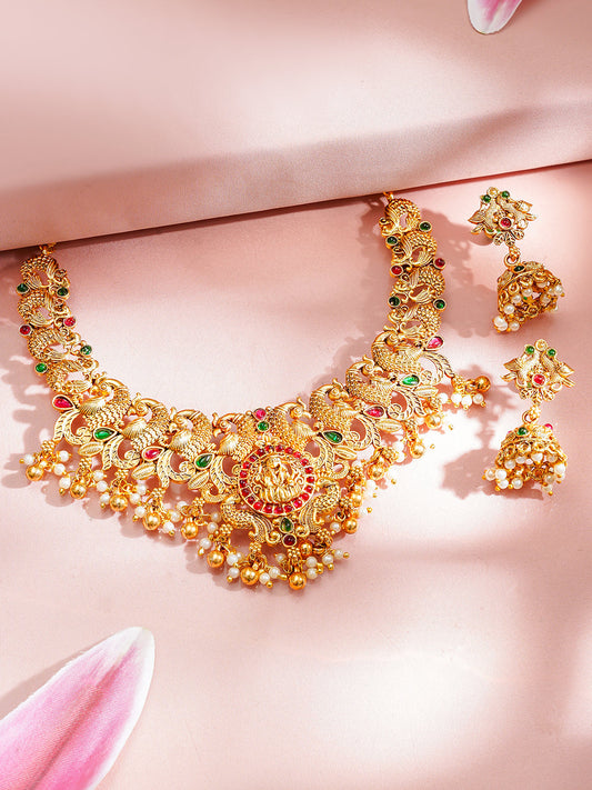 【Rubans】 Gold-Plated Temple Lakshmi Peacock Necklace Set｜ゴールドメッキ テンプル ラクシュミー 孔雀 ネックレスセット
