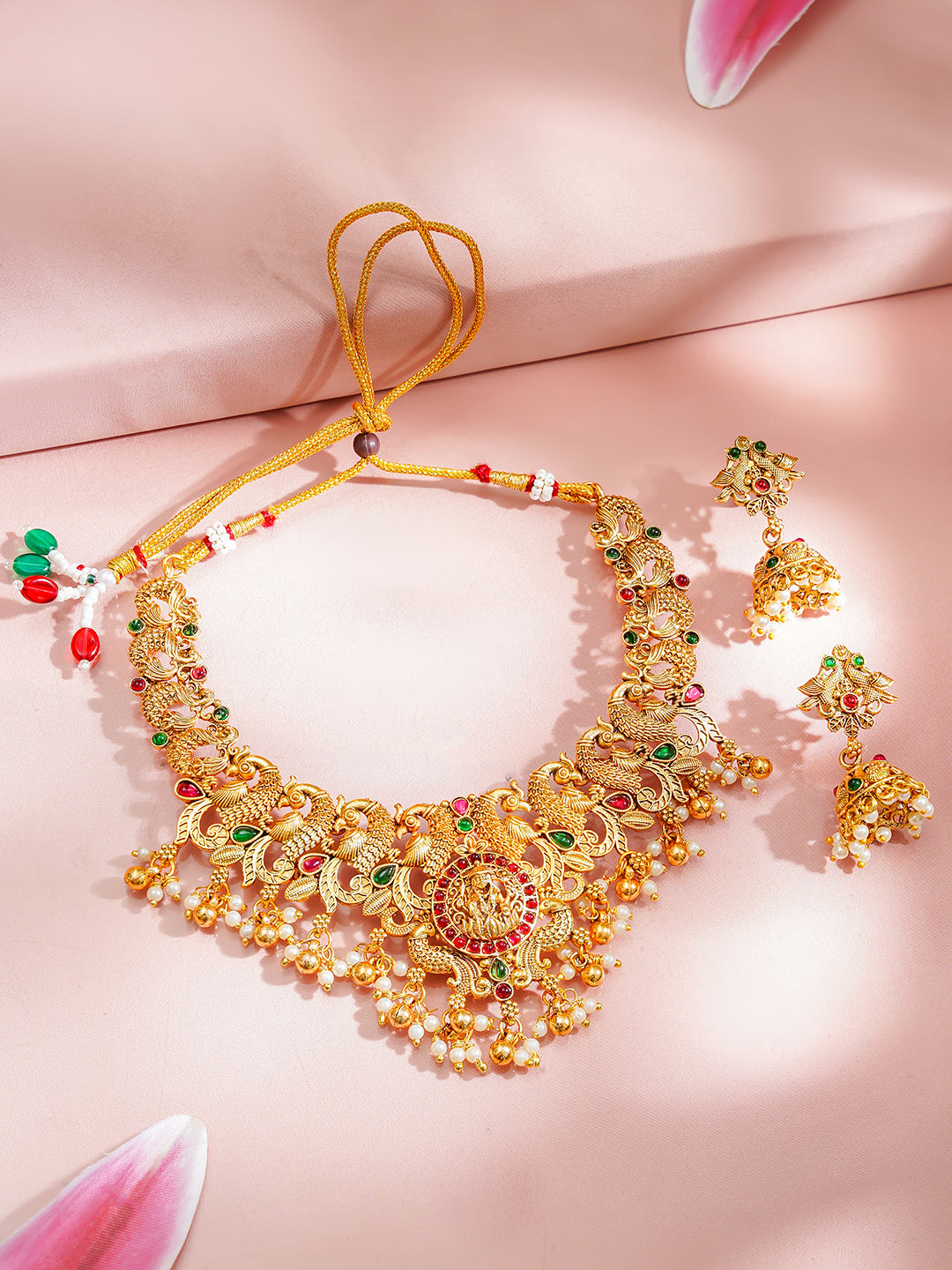 【Rubans】 Gold-Plated Temple Lakshmi Peacock Necklace Set｜ゴールドメッキ テンプル ラクシュミー 孔雀 ネックレスセット