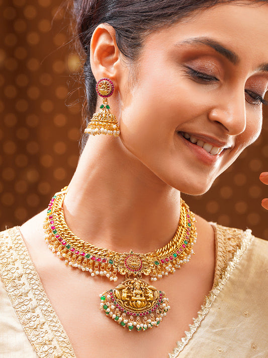 【Rubans】 Gold Plated Divine Lakshmi Kundan Pearl Fringe Jewellery Set｜ゴールドメッキ ラクシュミー クンダン パールフリンジ ジュエリーセット