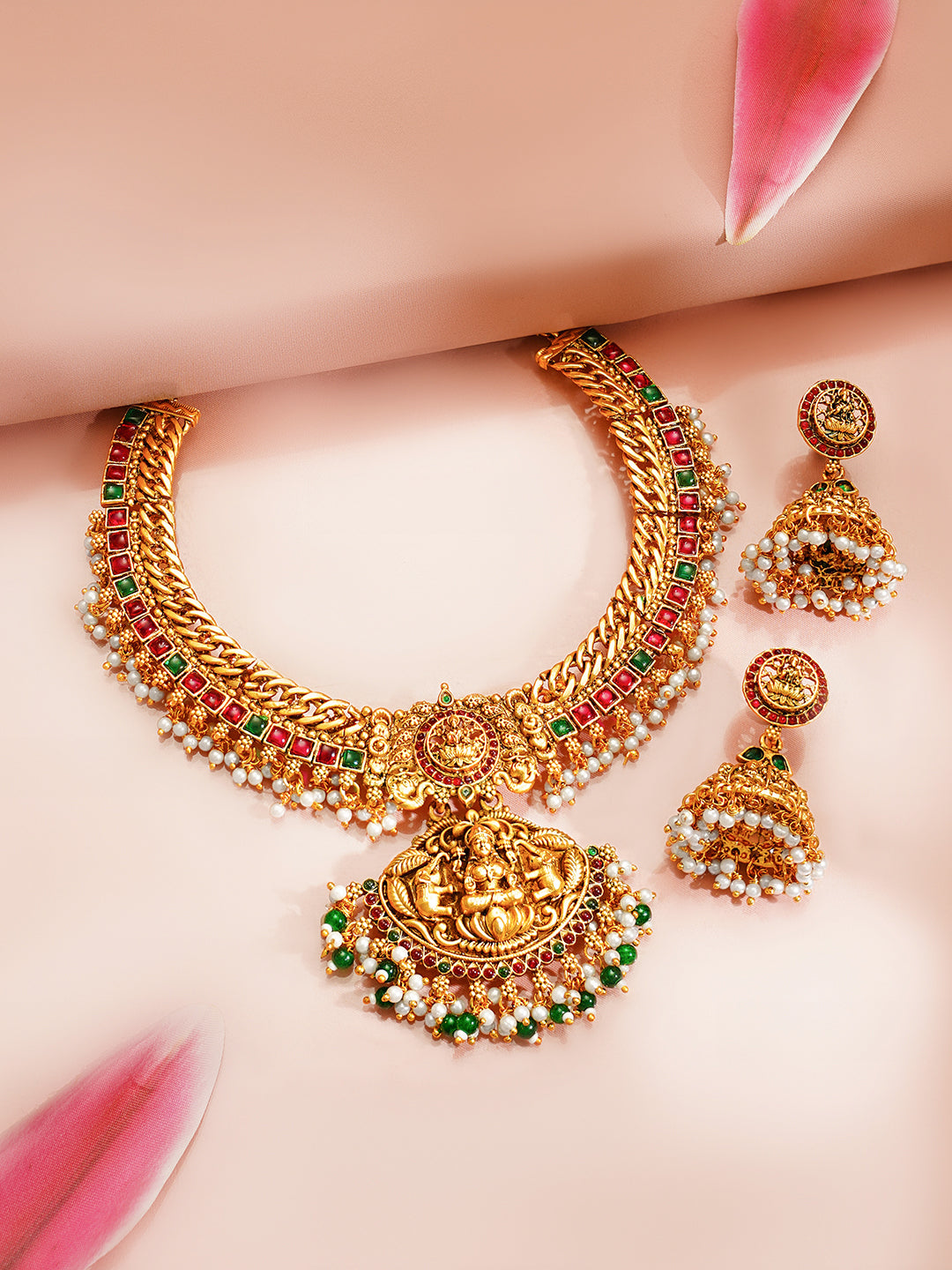 【Rubans】 Gold Plated Divine Lakshmi Kundan Pearl Fringe Jewellery Set｜ゴールドメッキ ラクシュミー クンダン パールフリンジ ジュエリーセット