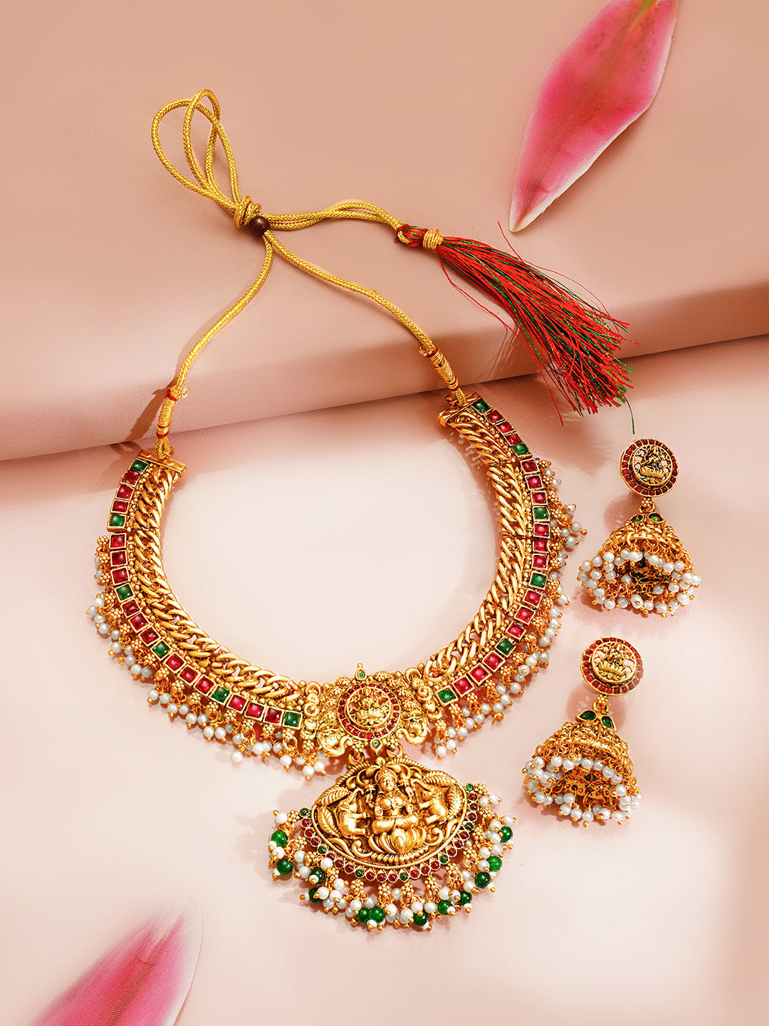 【Rubans】 Gold Plated Divine Lakshmi Kundan Pearl Fringe Jewellery Set｜ゴールドメッキ ラクシュミー クンダン パールフリンジ ジュエリーセット