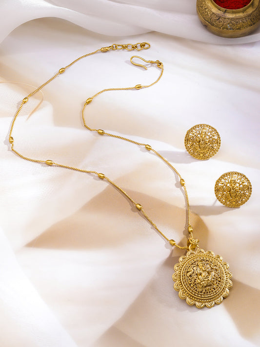 Ganesh Motif Gold Pendant Necklace Set フリーサイズ