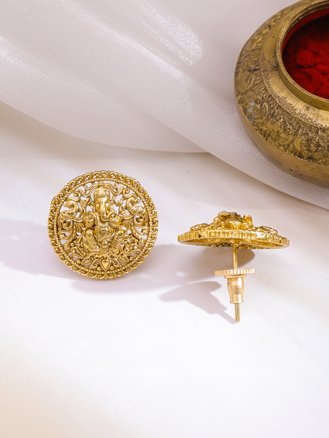 Ganesh Motif Gold Pendant Necklace Set フリーサイズ