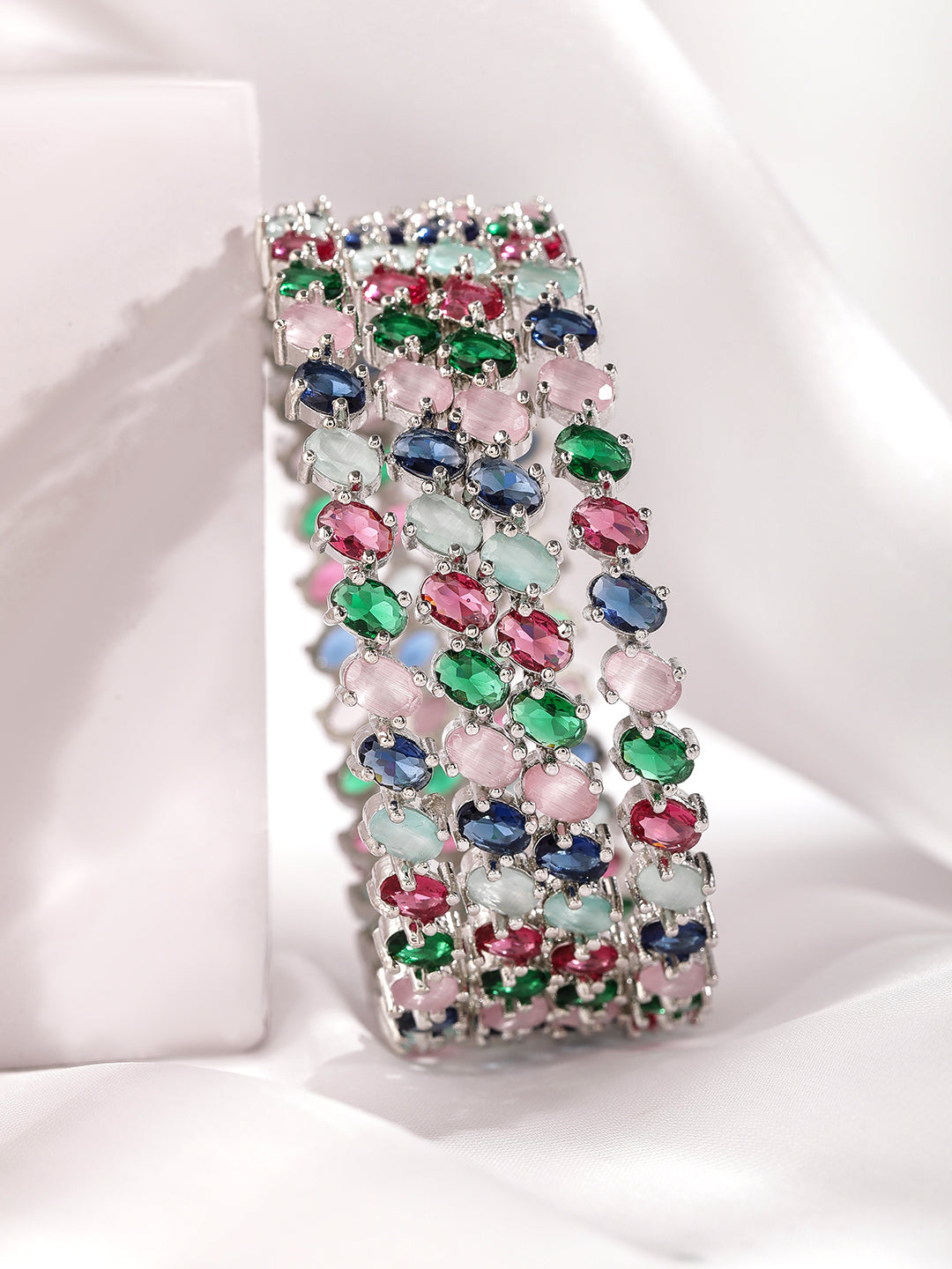 Set of 4 Rhodium-Plated Multicolor Gemstone Studded Traditional Bangles 2.4 - Small