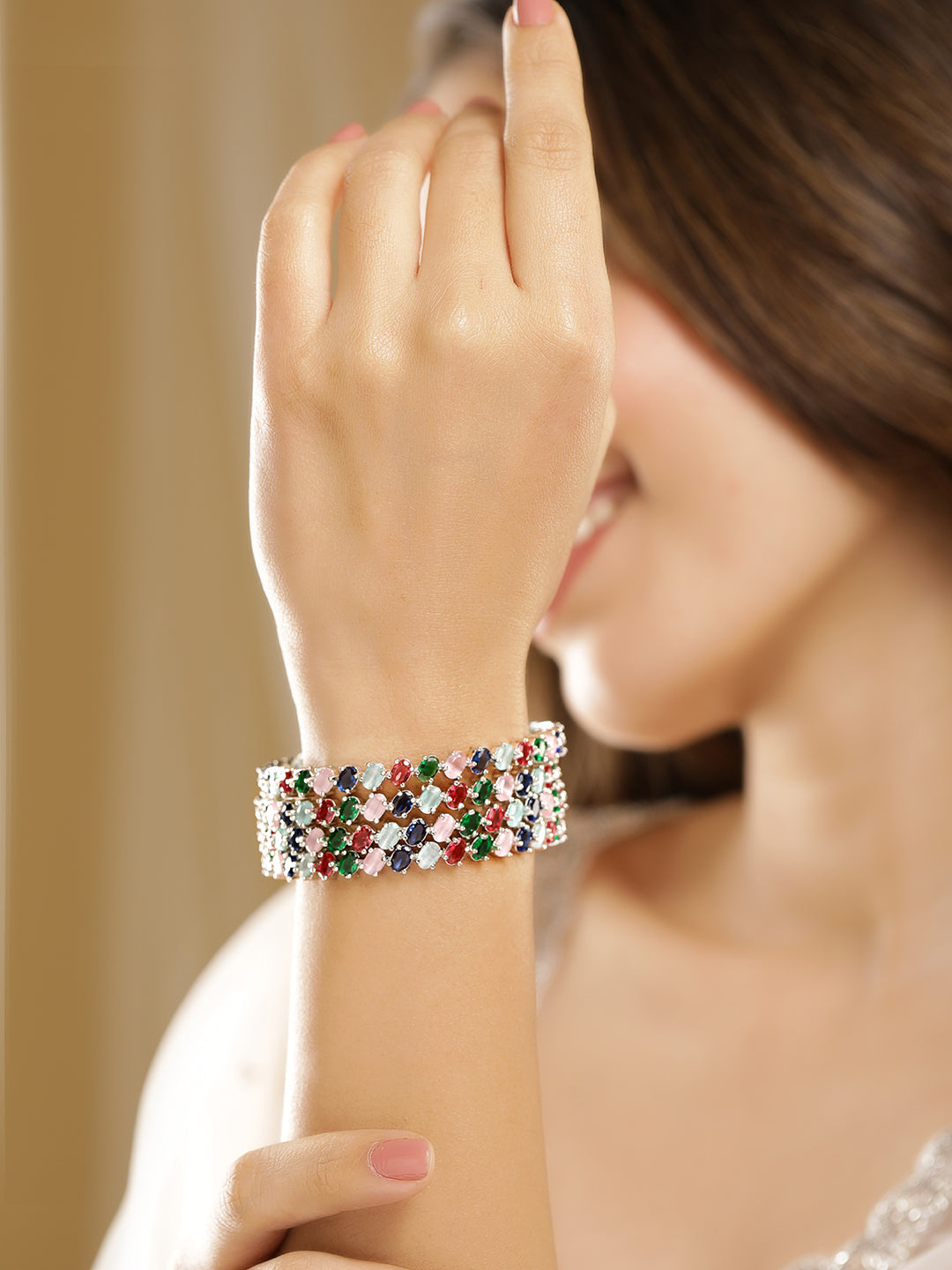 Set of 4 Rhodium-Plated Multicolor Gemstone Studded Traditional Bangles 2.4 - Small