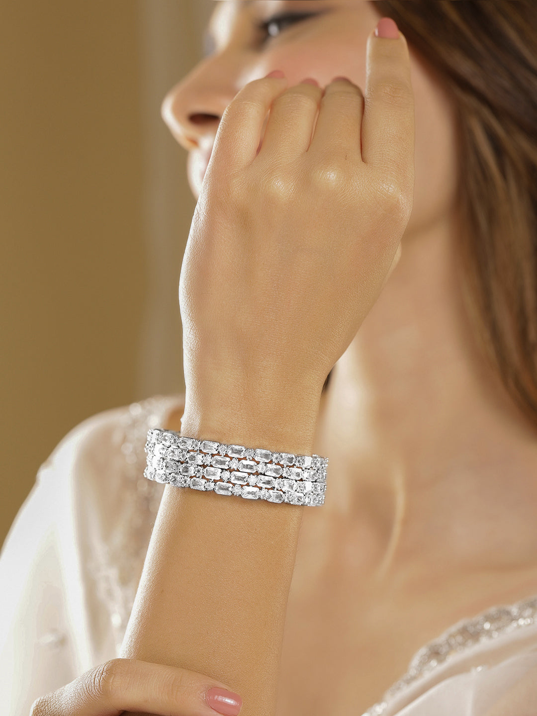 Rubans Set of 2 Rhodium-Plated Crystal White AD & Cubic Zirconia Studded Premium Bangles Silver / 2.4 - Small