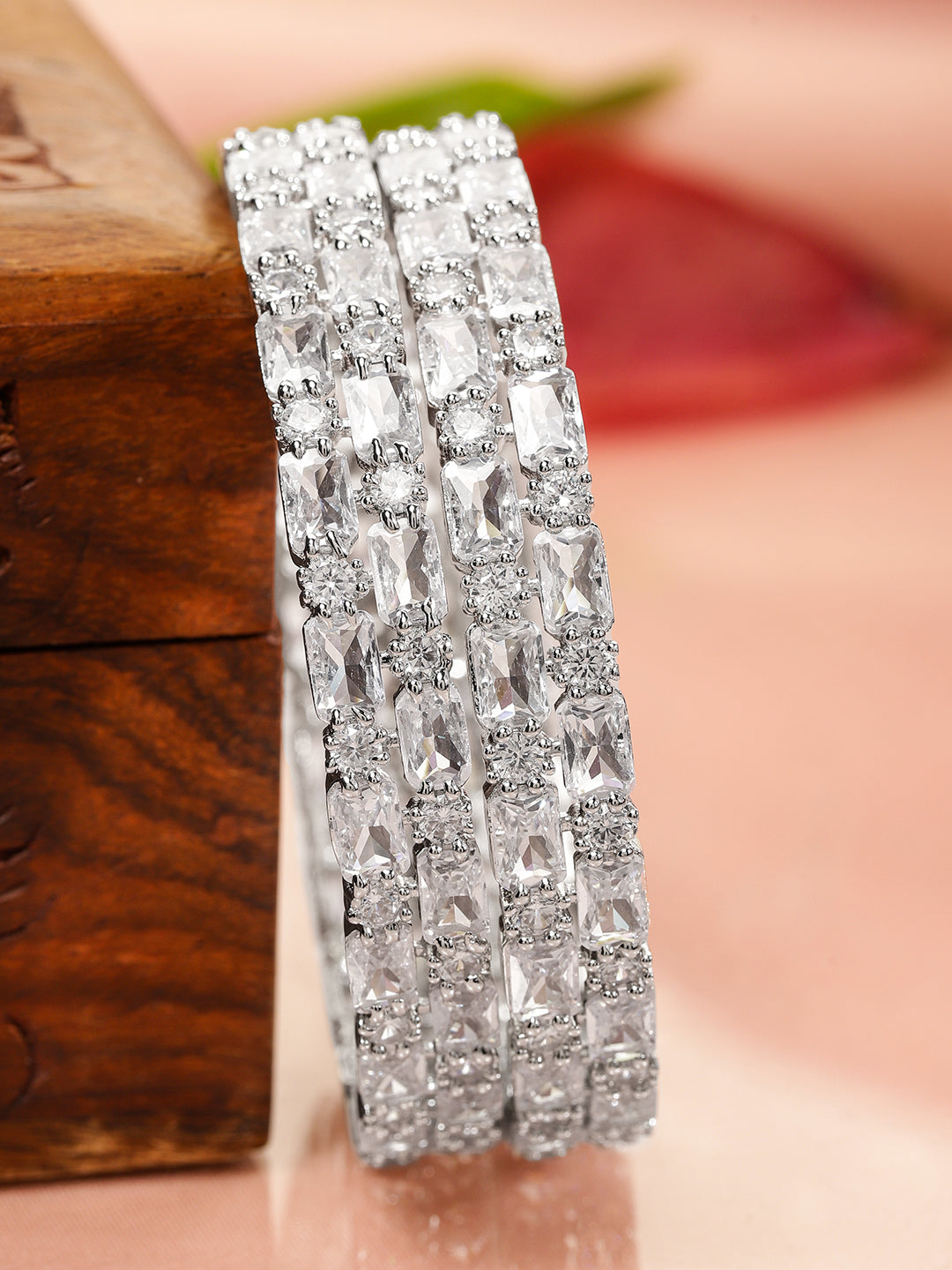 Rubans Set of 2 Rhodium-Plated Crystal White AD & Cubic Zirconia Studded Premium Bangles Silver / 2.4 - Small