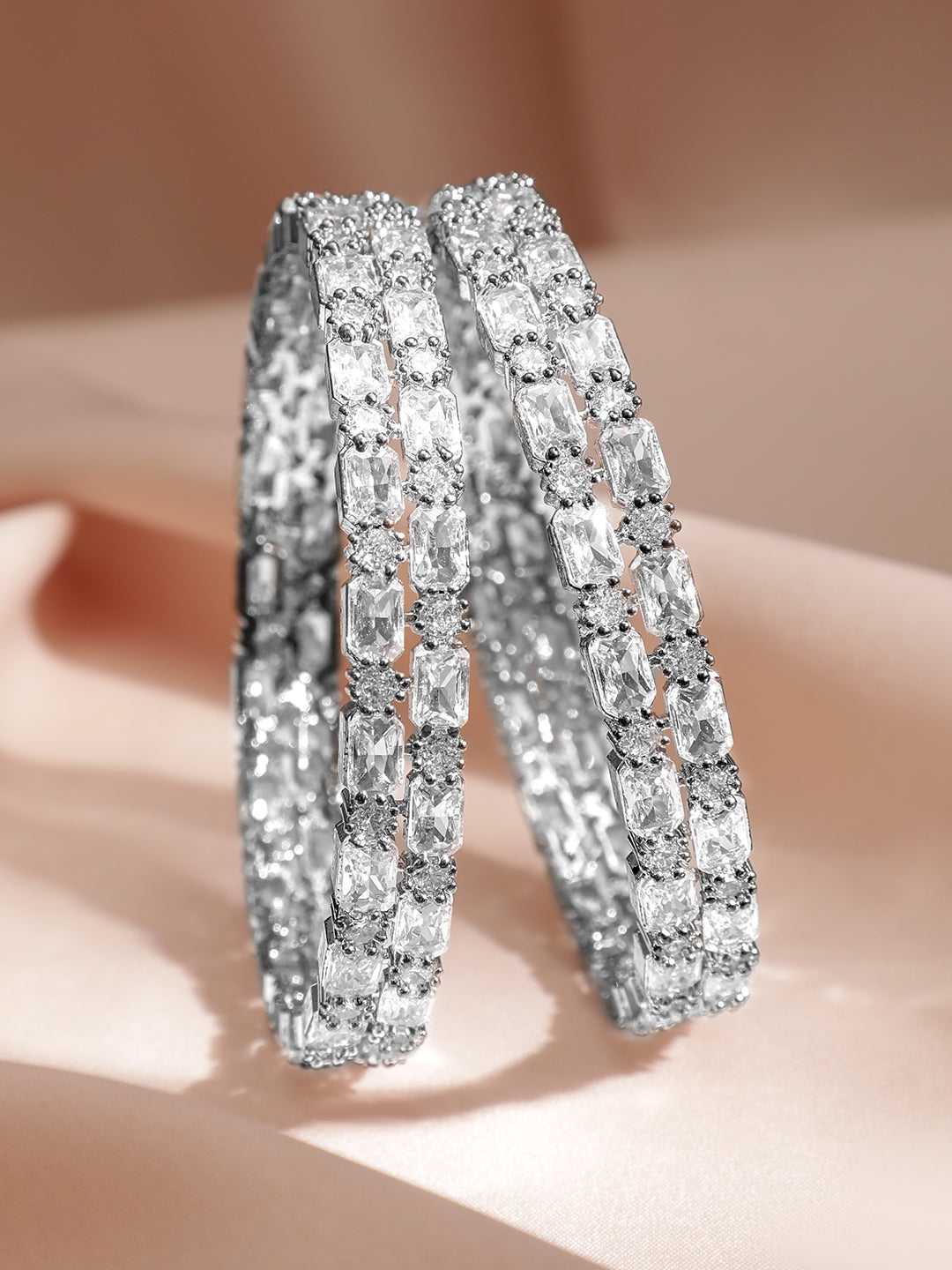 Rubans Set of 2 Rhodium-Plated Crystal White AD & Cubic Zirconia Studded Premium Bangles Silver / 2.4 - Small