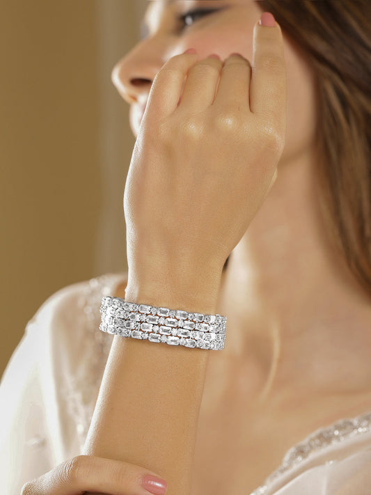 Rubans Set of 2 Rhodium-Plated Crystal White AD & Cubic Zirconia Studded Premium Bangles Silver / 2.6 - Medium