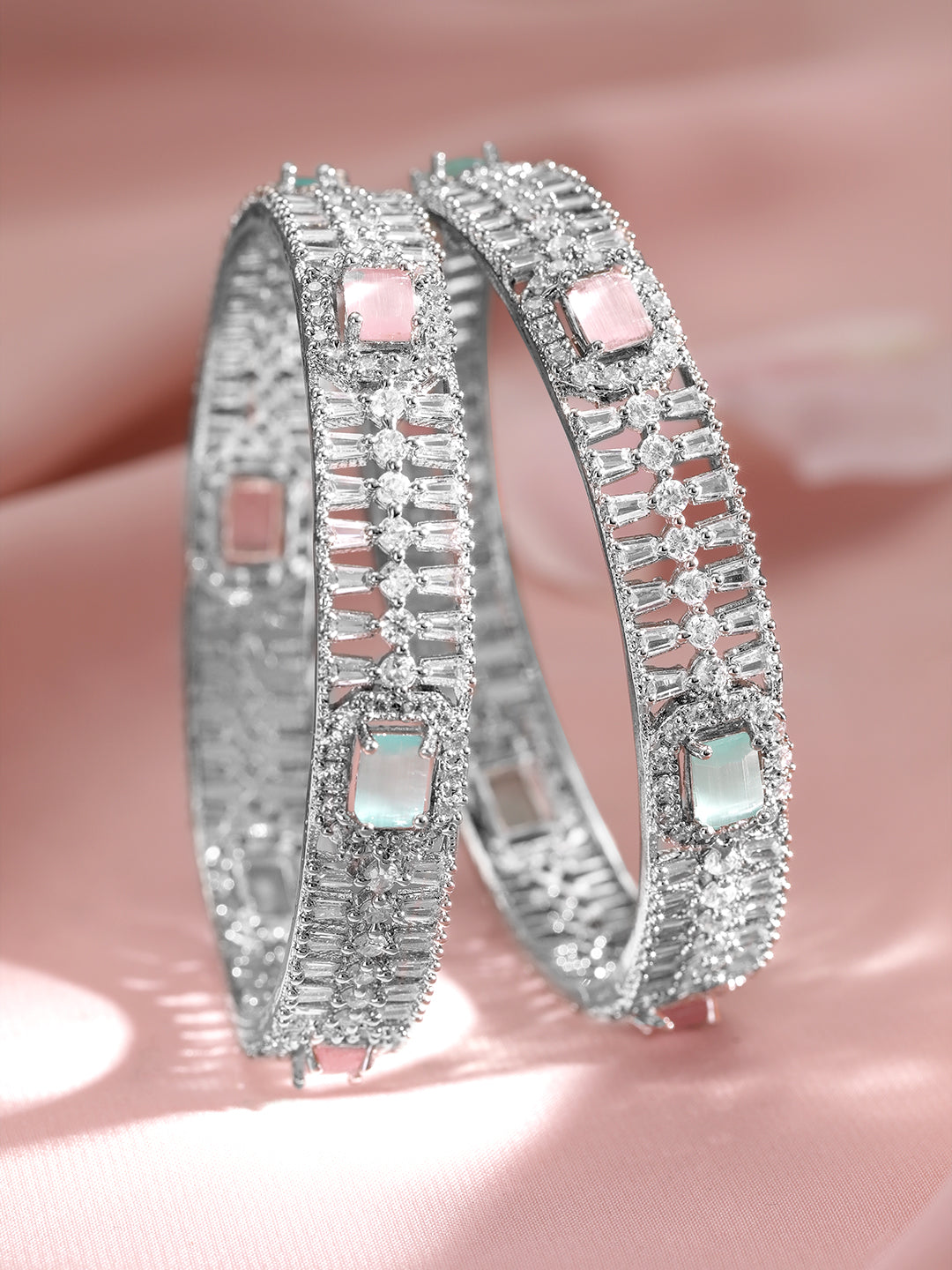 Set of 2 Rhodium-Plated Light Pink & Mint Green Gemstone CubicZirconia Studed Bangle 2.4 - Small
