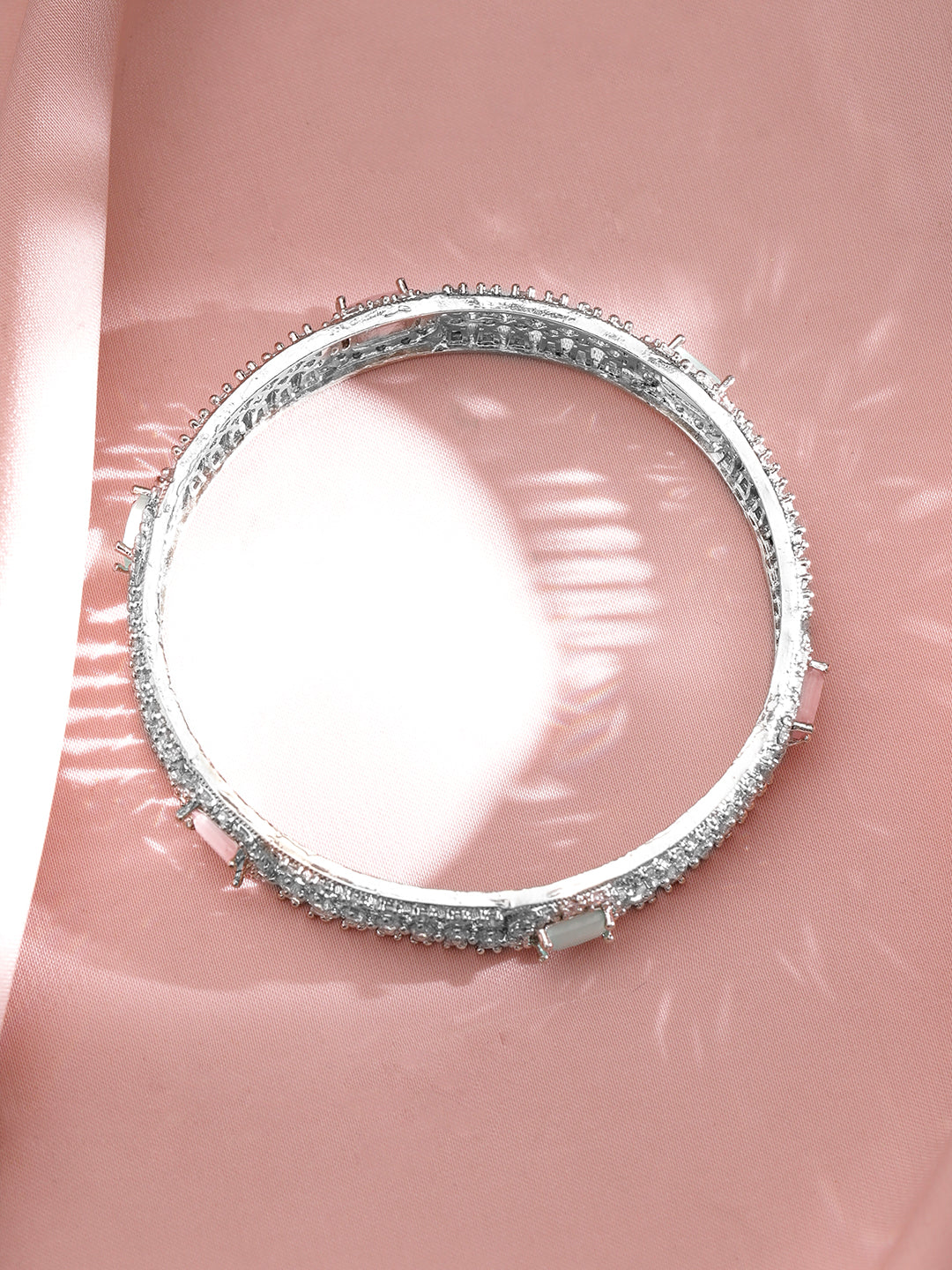 Set of 2 Rhodium-Plated Light Pink & Mint Green Gemstone CubicZirconia Studed Bangle 2.4 - Small
