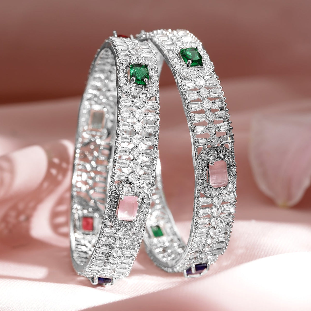 Set of 2 Rhodium-Plated Multicolor Gemstone & Cubic Zirconia Studded Bangles 2.4 - Small