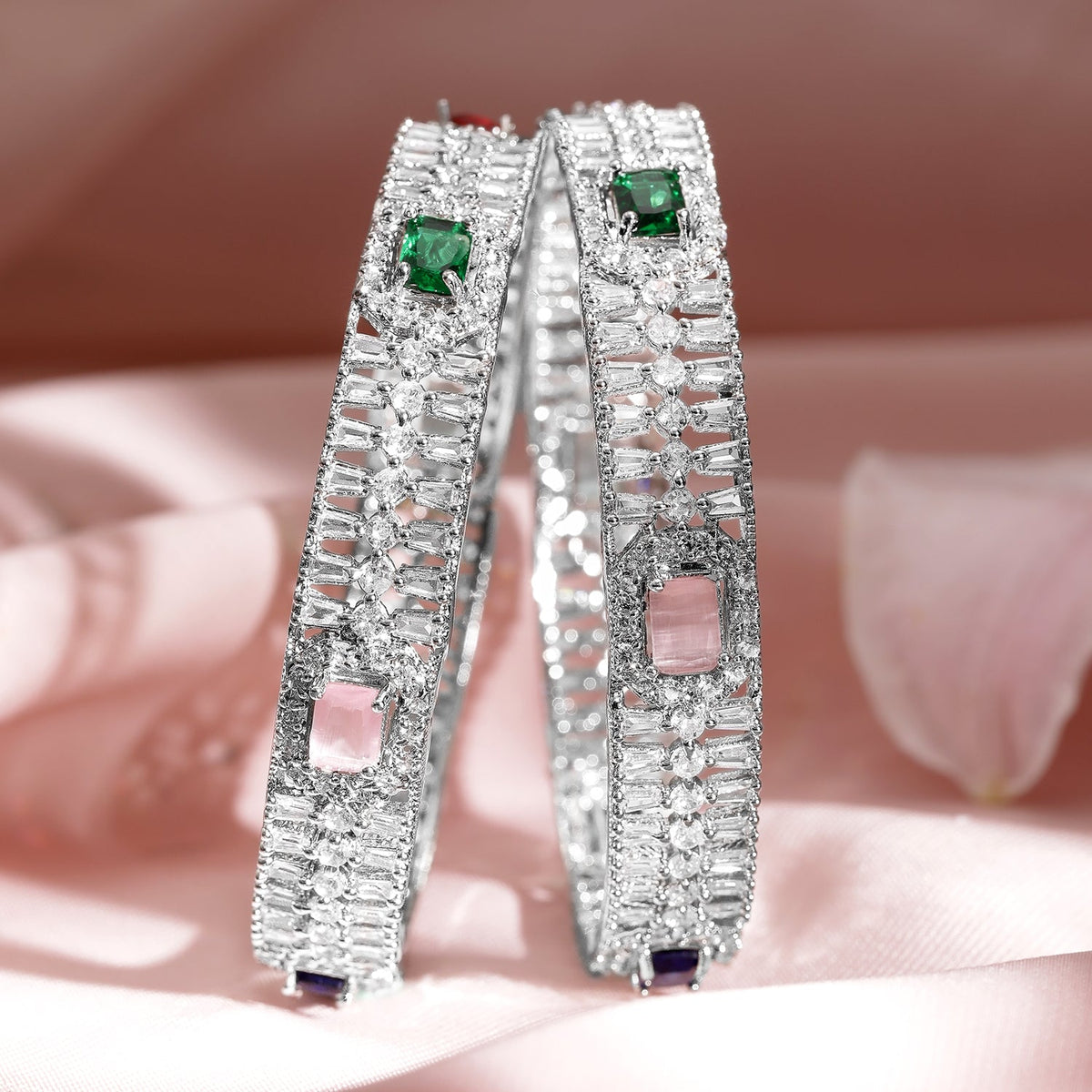Set of 2 Rhodium-Plated Multicolor Gemstone & Cubic Zirconia Studded Bangles 2.8 - Large