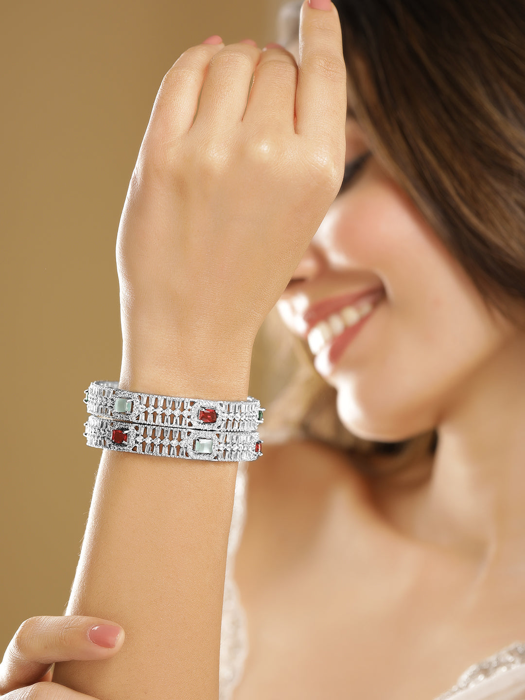 Set of 2 Rhodium-Plated Multicolor Gemstone & Cubic Zirconia Studded Bangles 2.4 - Small