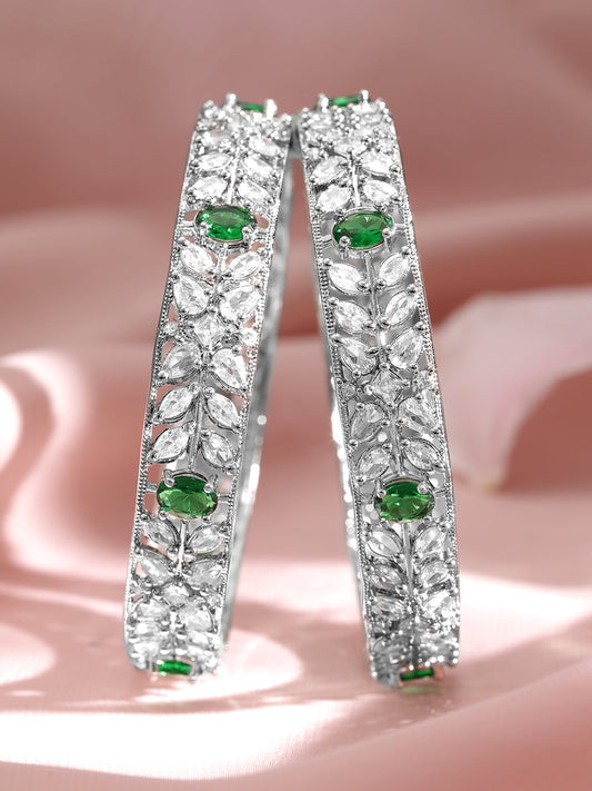 Set of 2 Rhodium-Plated Emerald Green Gemstone & Cubic Zirconia Studded Bangles 2.4 - Small
