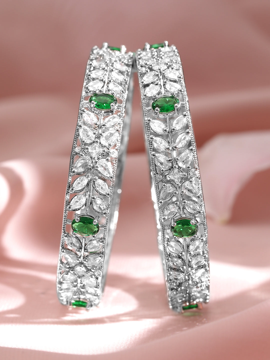 Set of 2 Rhodium-Plated Emerald Green Gemstone & Cubic Zirconia Studded Bangles 2.6 - Medium