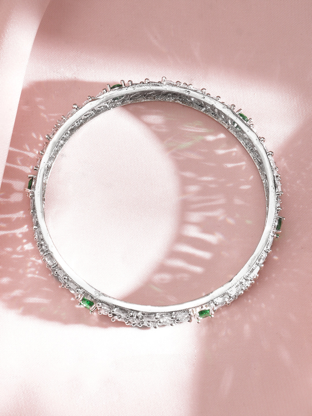 Set of 2 Rhodium-Plated Emerald Green Gemstone & Cubic Zirconia Studded Bangles 2.6 - Medium
