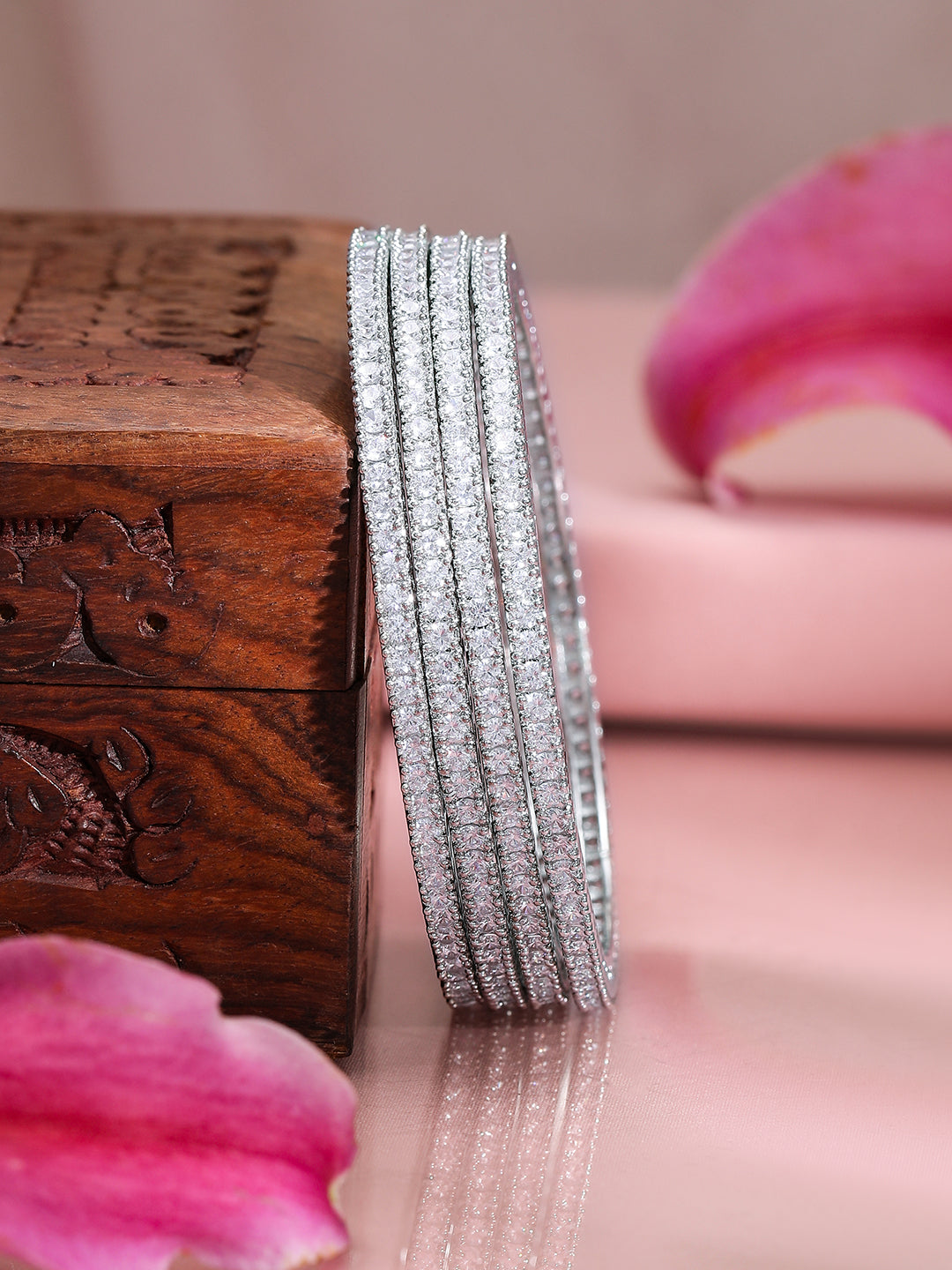 Rubans Set Of 4 Rhodium Plated CZ Studded Bangles 45749