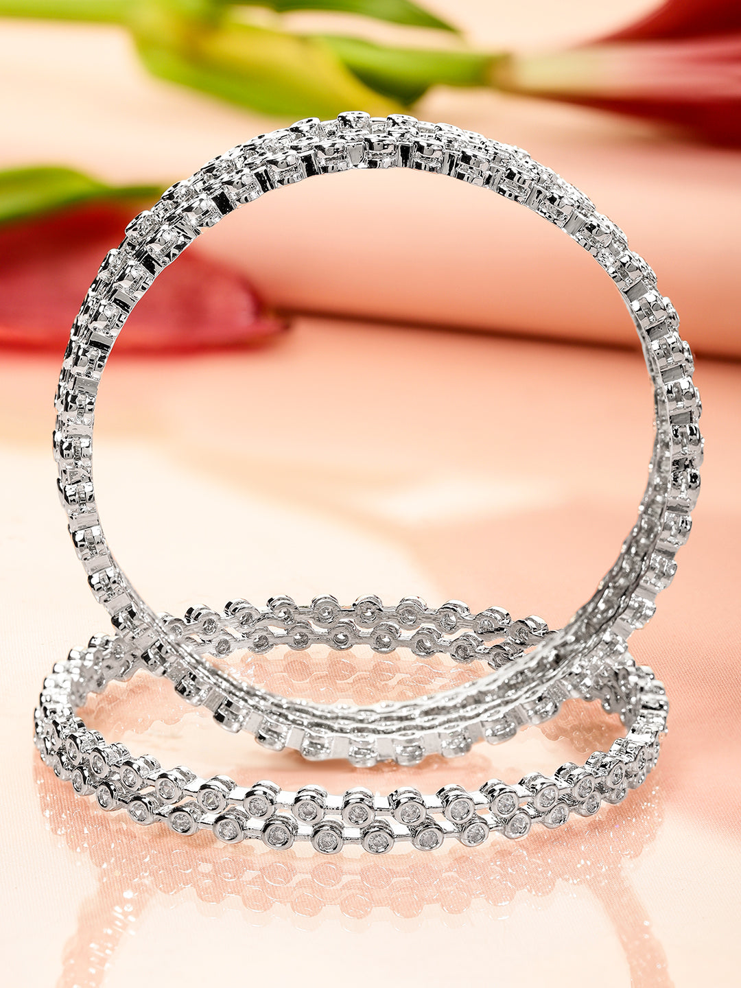 Rubans Set Of 6 Rhodium-Plated Cubic Zirconia Studded Classics Bangles in Silver Tone for Women 2.4 - Small