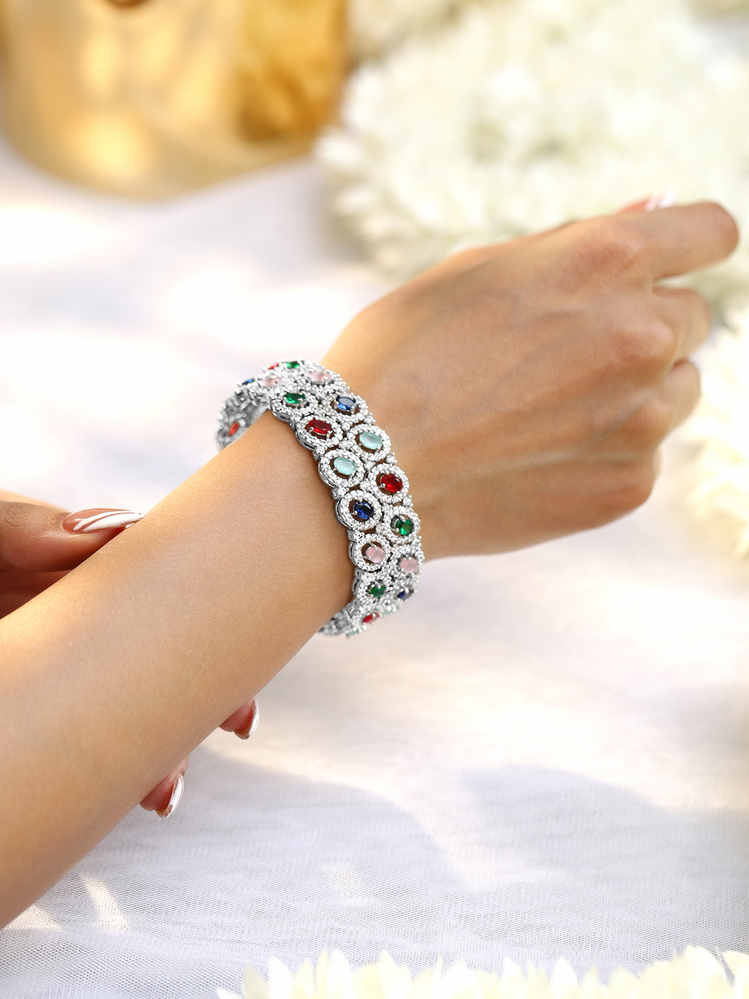 Rubans Rhodium-Plated Multicolor Cubic Zirconia Studded Premium set of 2 Bangles 2.4 - Small
