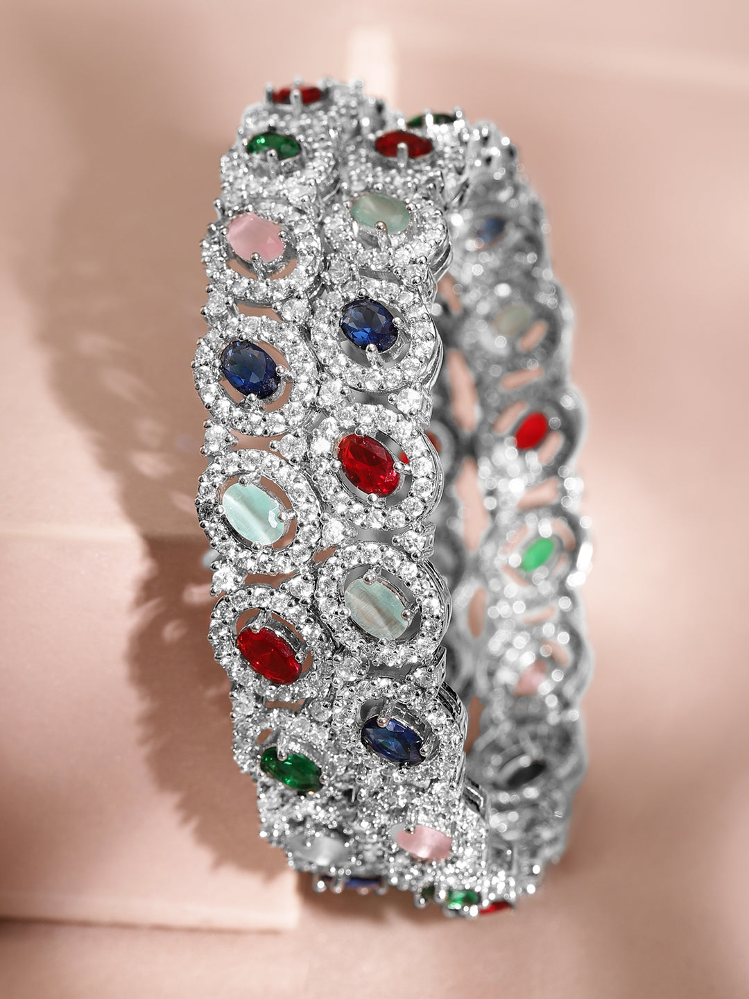 Rubans Rhodium-Plated Multicolor Cubic Zirconia Studded Premium set of 2 Bangles 2.4 - Small