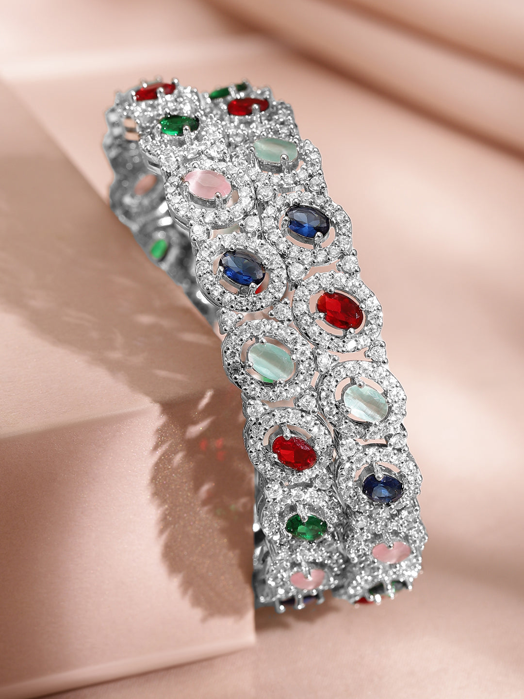 Rubans Rhodium-Plated Multicolor Cubic Zirconia Studded Premium set of 2 Bangles 2.4 - Small