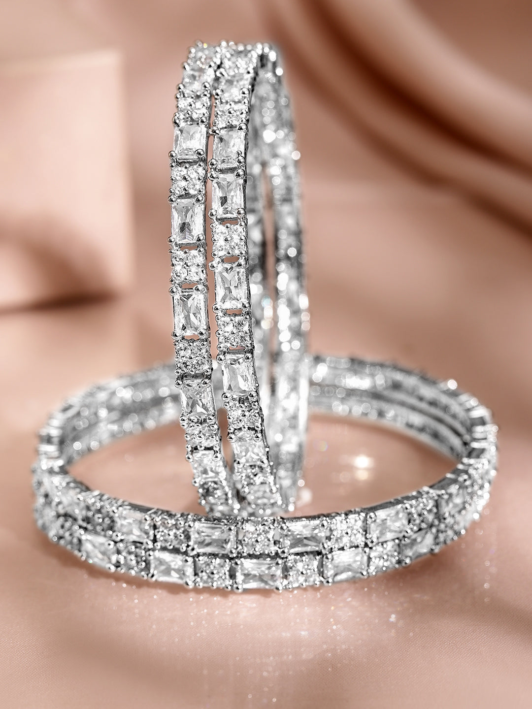 Rubans Set of 4 Rhodium-Plated Silver-Tone Cubic Zirconia Studded Premium Bangles 2.4 - Small