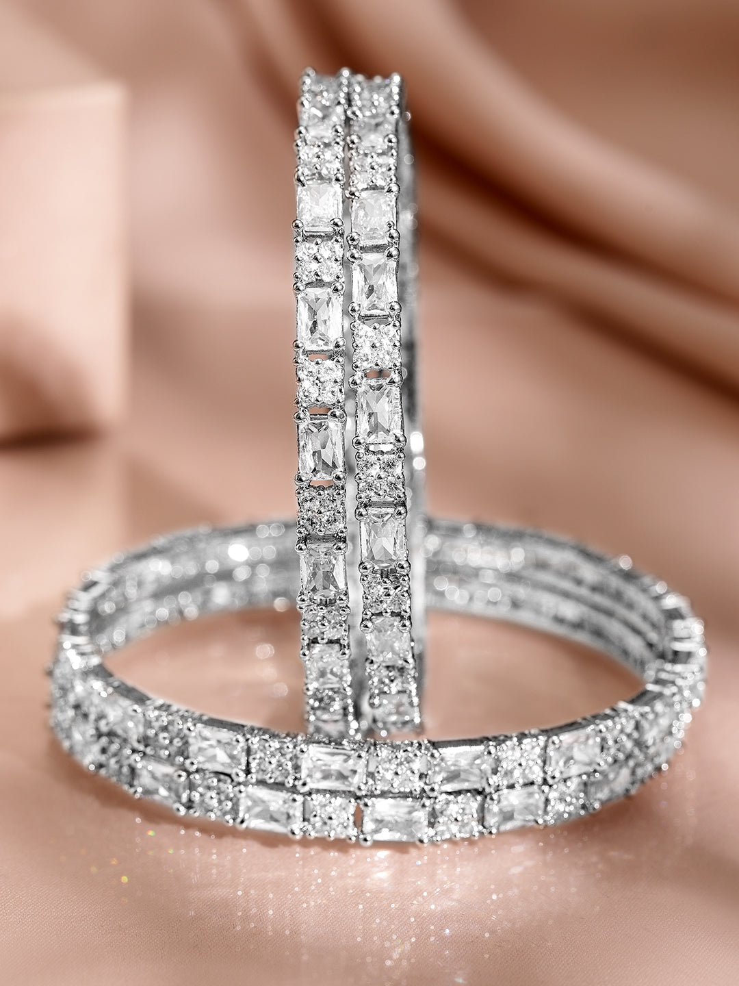 Rubans Set of 4 Rhodium-Plated Silver-Tone Cubic Zirconia Studded Premium Bangles 2.4 - Small