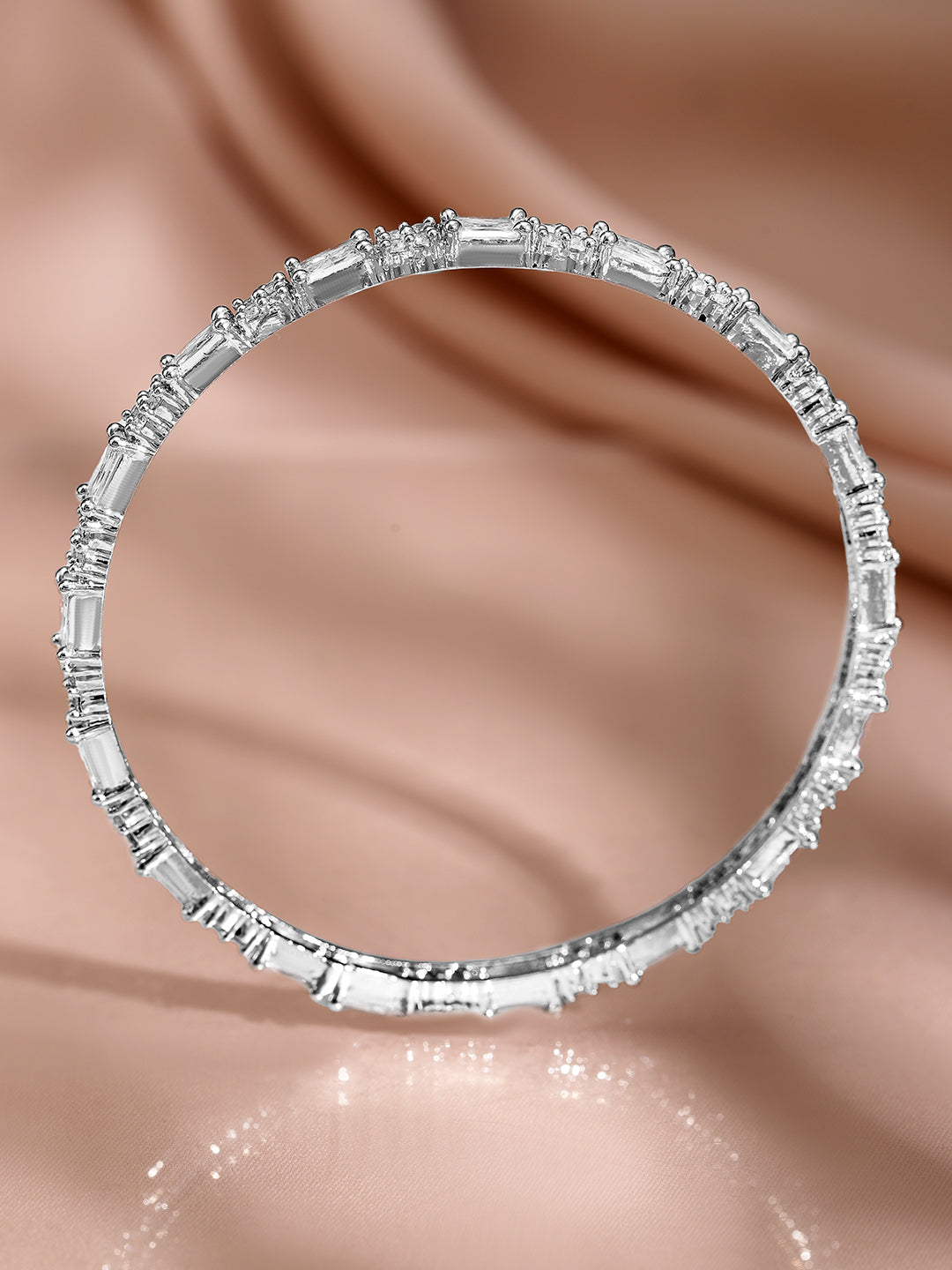Rubans Set of 4 Rhodium-Plated Silver-Tone Cubic Zirconia Studded Premium Bangles 2.6 - Medium