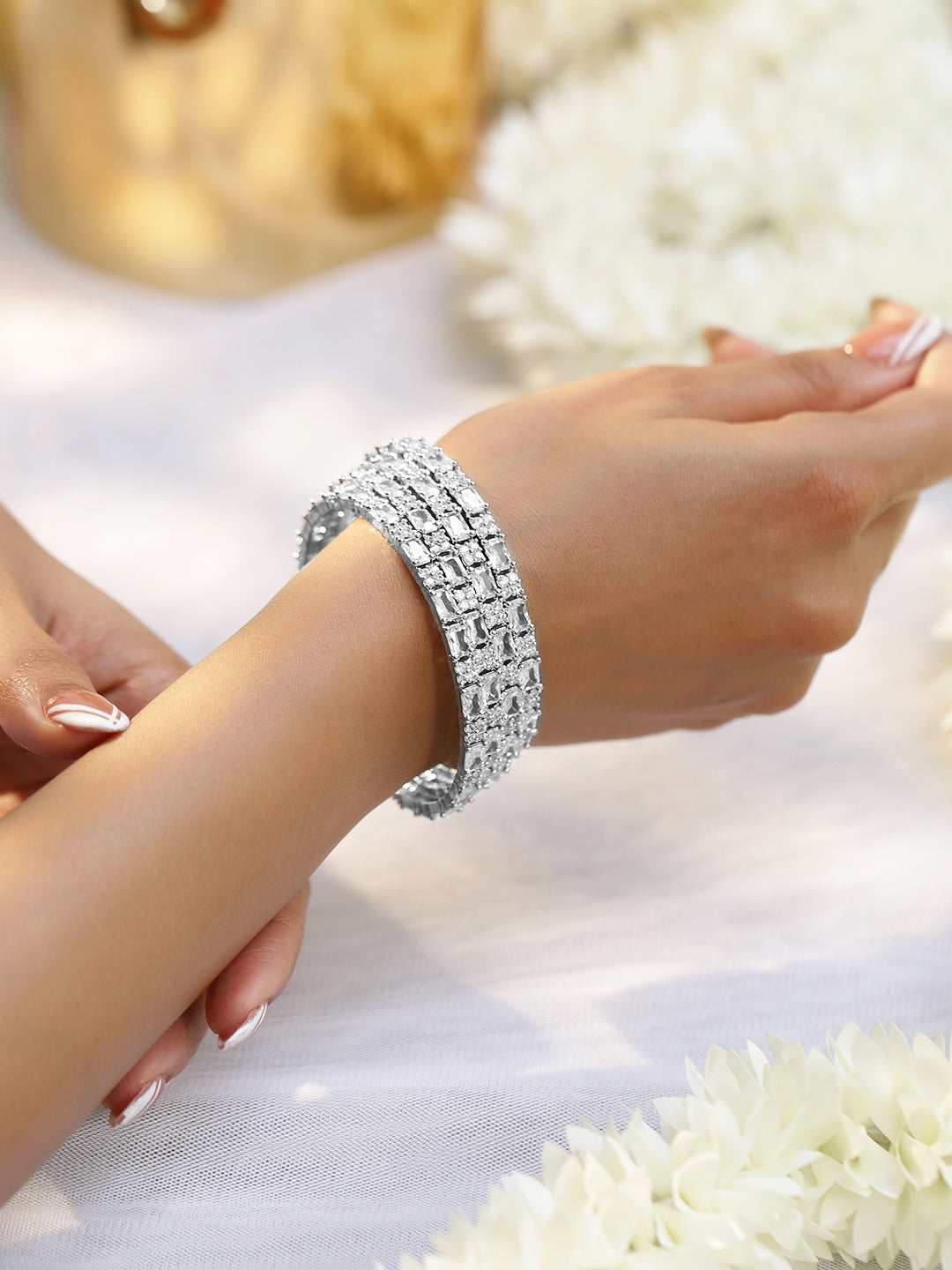 Rubans Set of 4 Rhodium-Plated Silver-Tone Cubic Zirconia Studded Premium Bangles 2.8 - Large