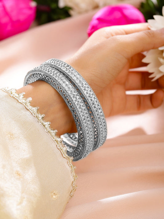 Rubans Set of 2 Rhodium-Plated White Cubic Zirconia Studded Luxe Bangles for Women 2.4 - Small