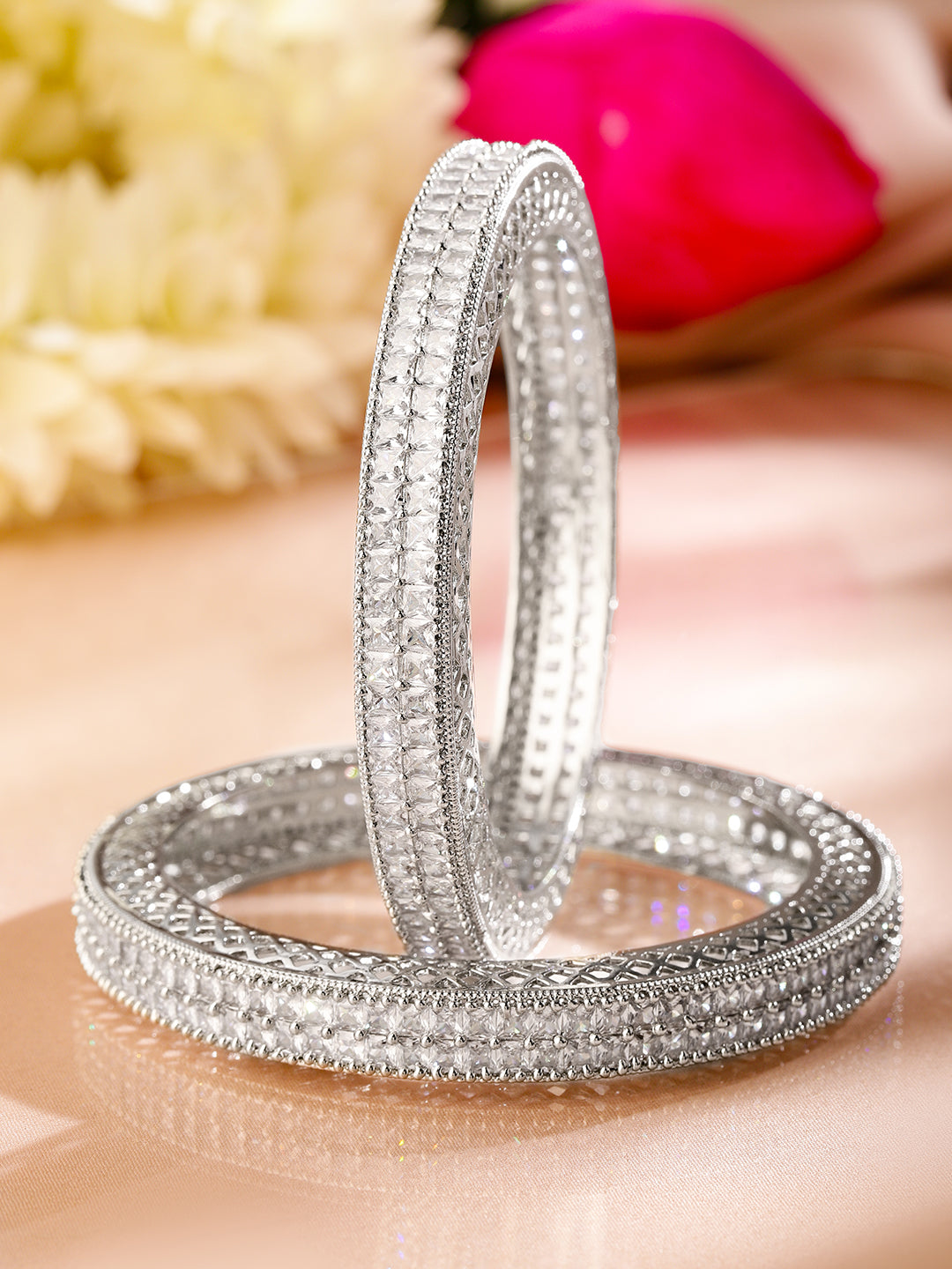 Rubans Set of 2 Rhodium-Plated White Cubic Zirconia Studded Luxe Bangles for Women 2.6 - Medium