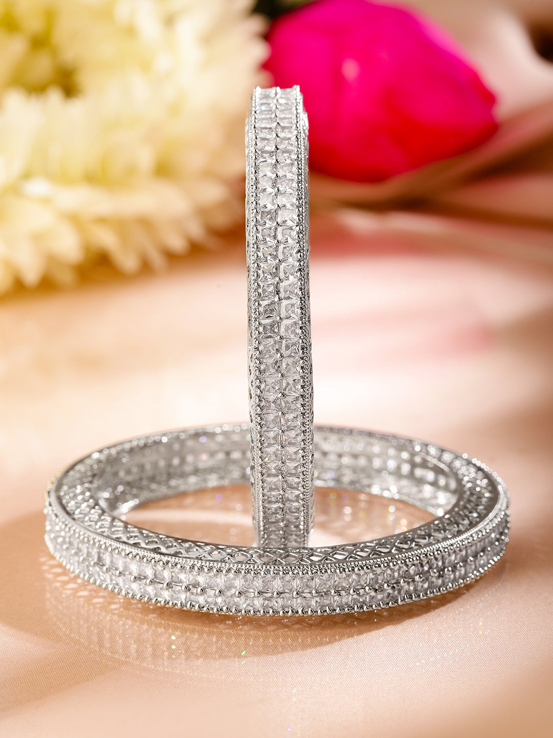 Rubans Set of 2 Rhodium-Plated White Cubic Zirconia Studded Luxe Bangles for Women 2.4 - Small