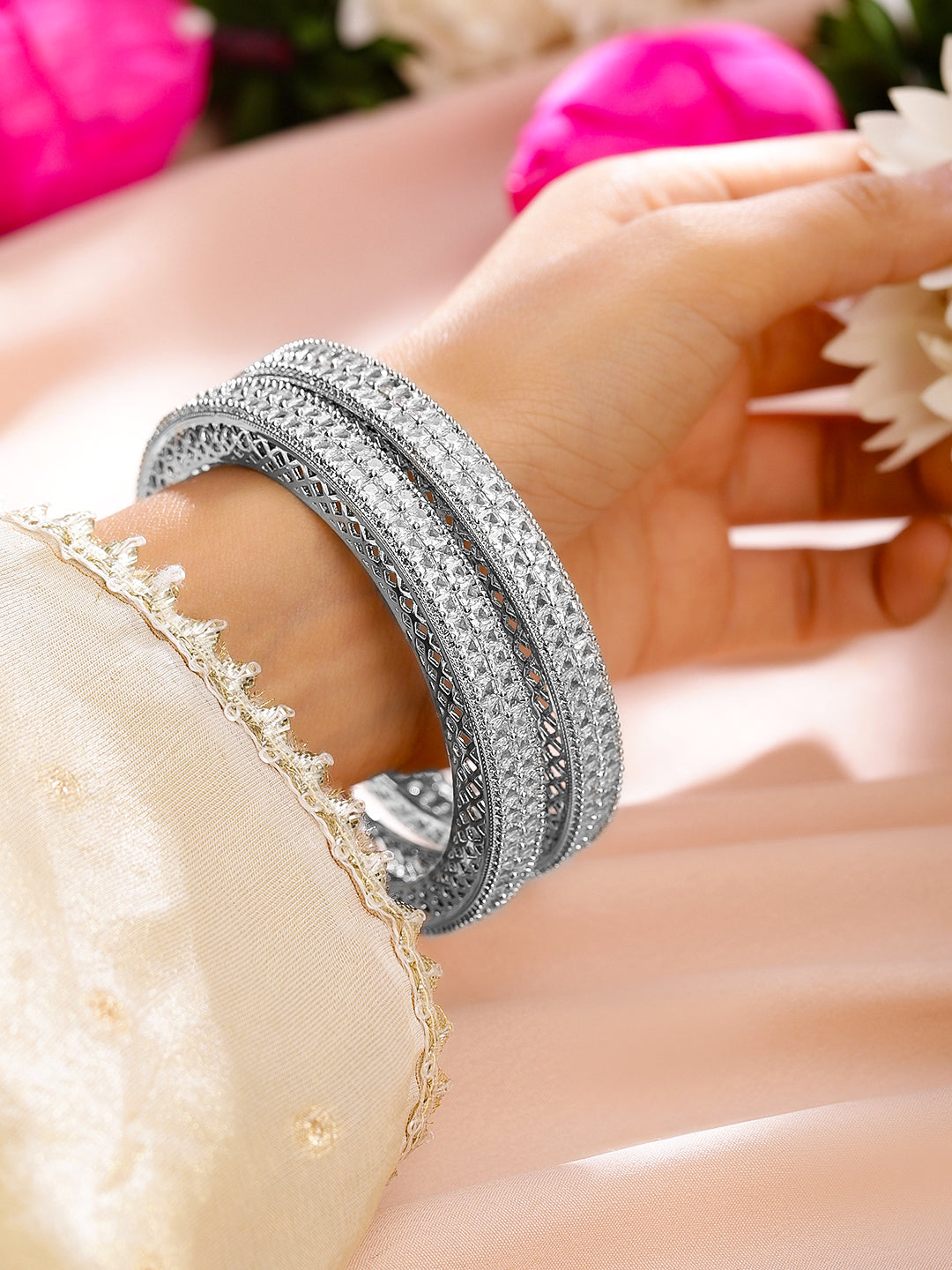 Rubans Set of 2 Rhodium-Plated White Cubic Zirconia Studded Luxe Bangles for Women 2.8 - Large