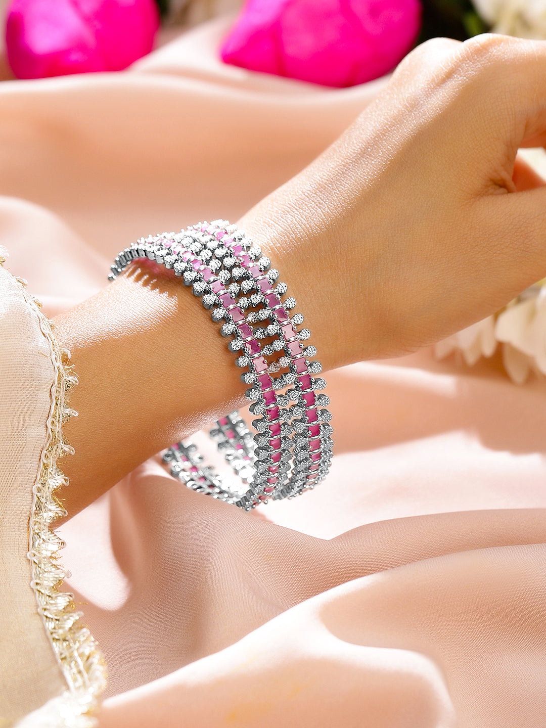 Rubans Set of 2 Rhodium-Plated Ruby Pink & White Cubic Zirconia Studded Luxe Bangles 2.4 - Small