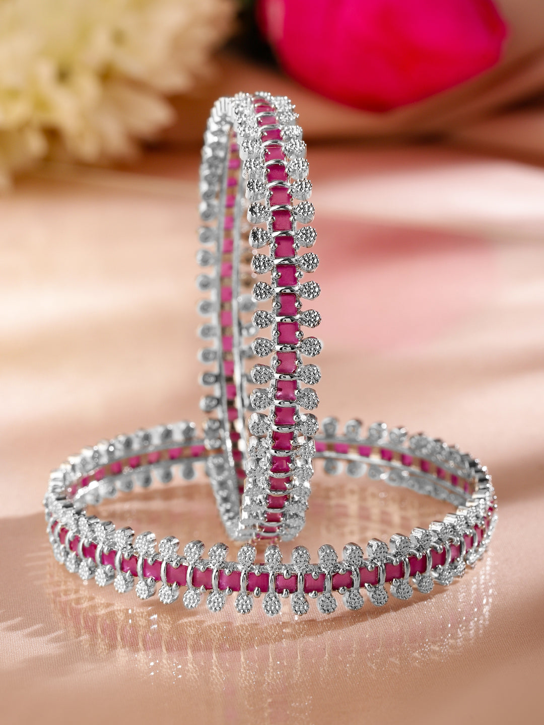 Rubans Set of 2 Rhodium-Plated Ruby Pink & White Cubic Zirconia Studded Luxe Bangles 2.6 - Medium