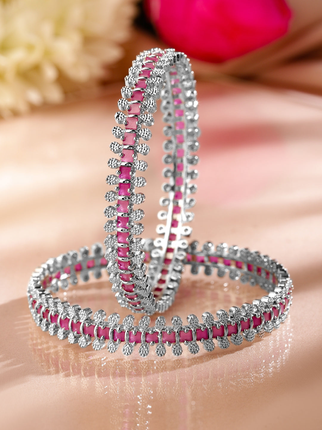 Rubans Set of 2 Rhodium-Plated Ruby Pink & White Cubic Zirconia Studded Luxe Bangles 2.4 - Small