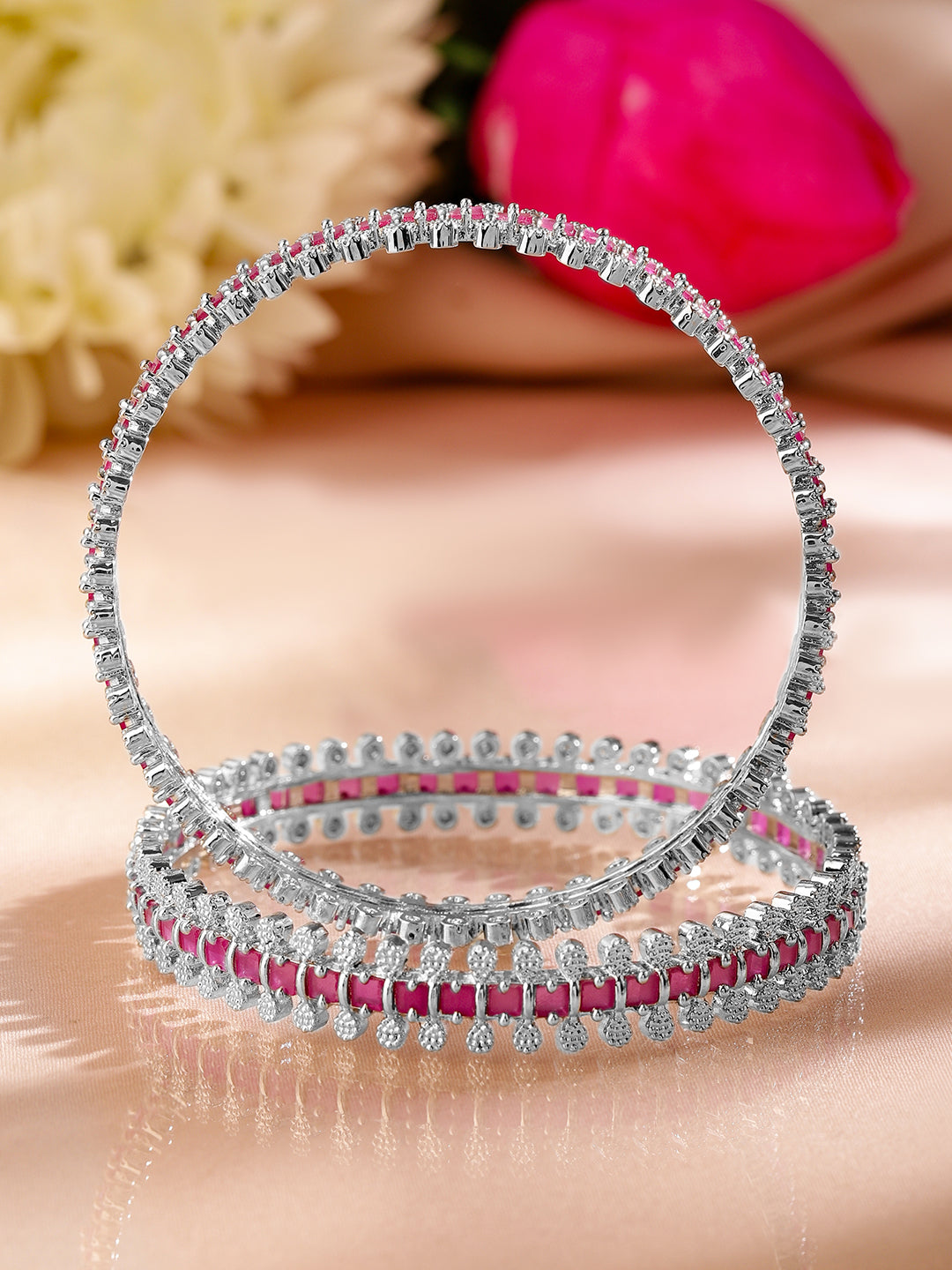 Rubans Set of 2 Rhodium-Plated Ruby Pink & White Cubic Zirconia Studded Luxe Bangles 2.4 - Small