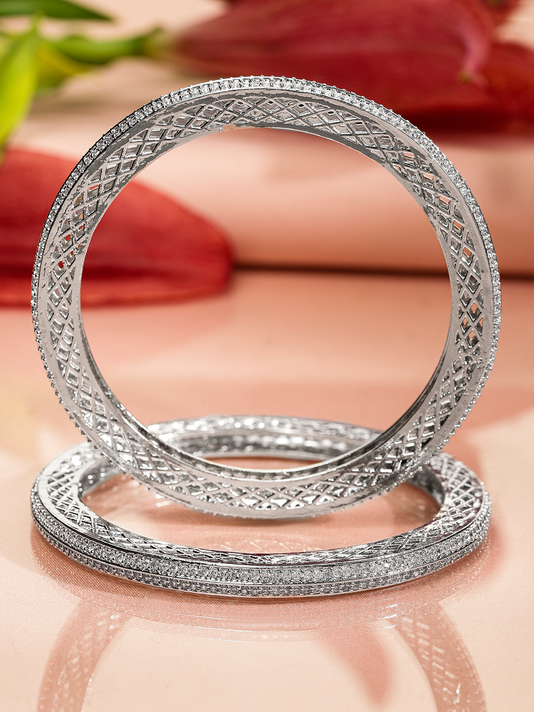 Rubans Set of 2 Rhodium-Plated White Cubic Zirconia Studded Classic Premium Bangles for Women 2.6 - Medium