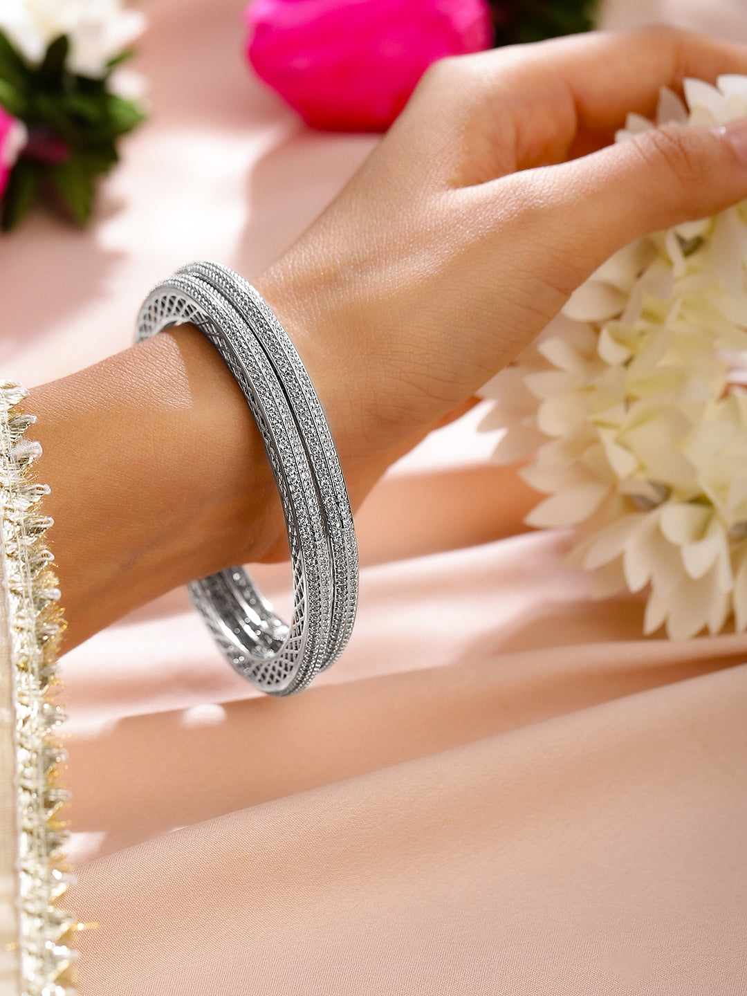 Rubans Set of 2 Rhodium-Plated White Cubic Zirconia Studded Classic Premium Bangles for Women 2.6 - Medium