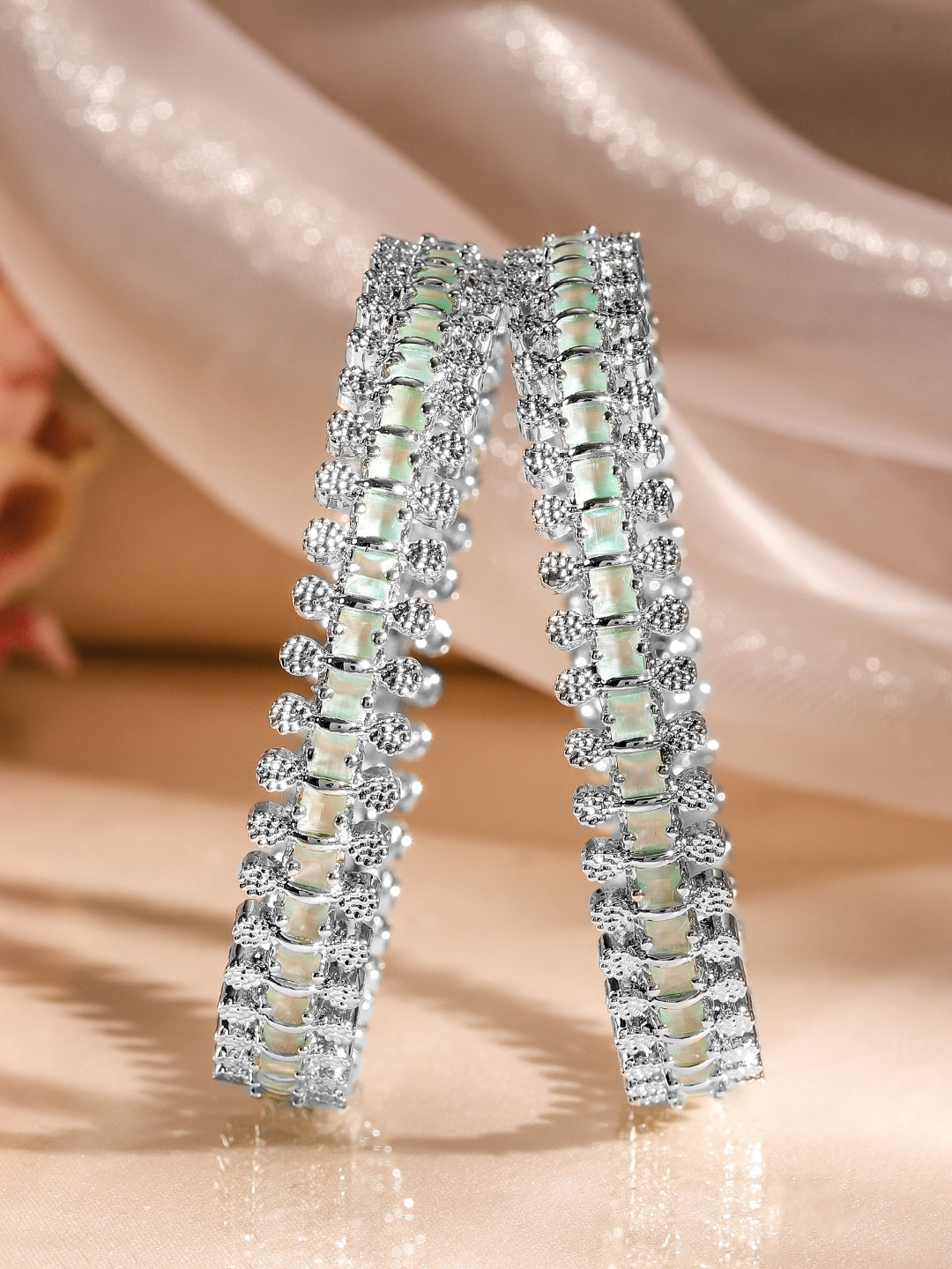 Rubans Set of 2 Rhodium-Plated White & Mint Green Cubic Zirconia Studded Handcrafted Luxe Bangles 2.4 - Small