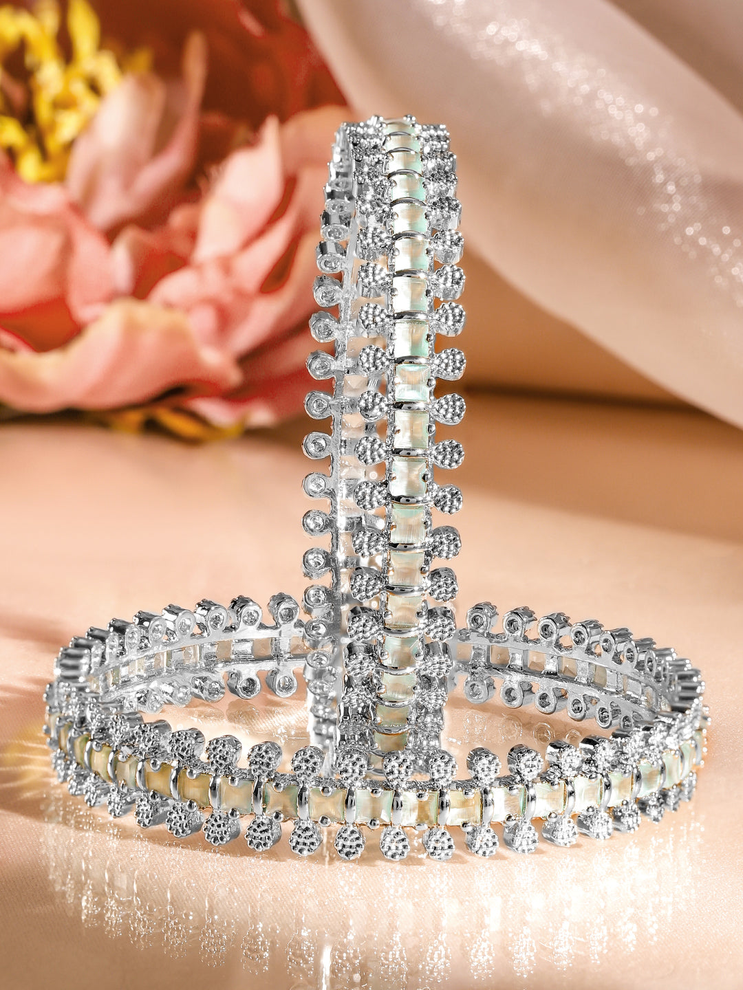 Rubans Set of 2 Rhodium-Plated White & Mint Green Cubic Zirconia Studded Handcrafted Luxe Bangles 2.6 - Medium