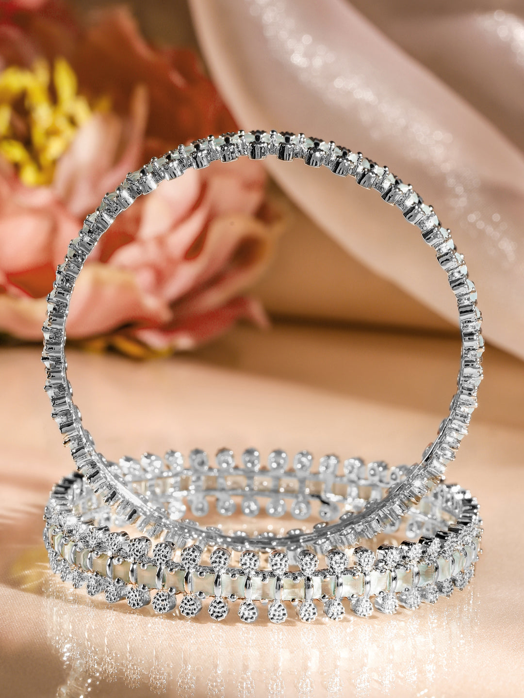 Rubans Set of 2 Rhodium-Plated White & Mint Green Cubic Zirconia Studded Handcrafted Luxe Bangles 2.4 - Small