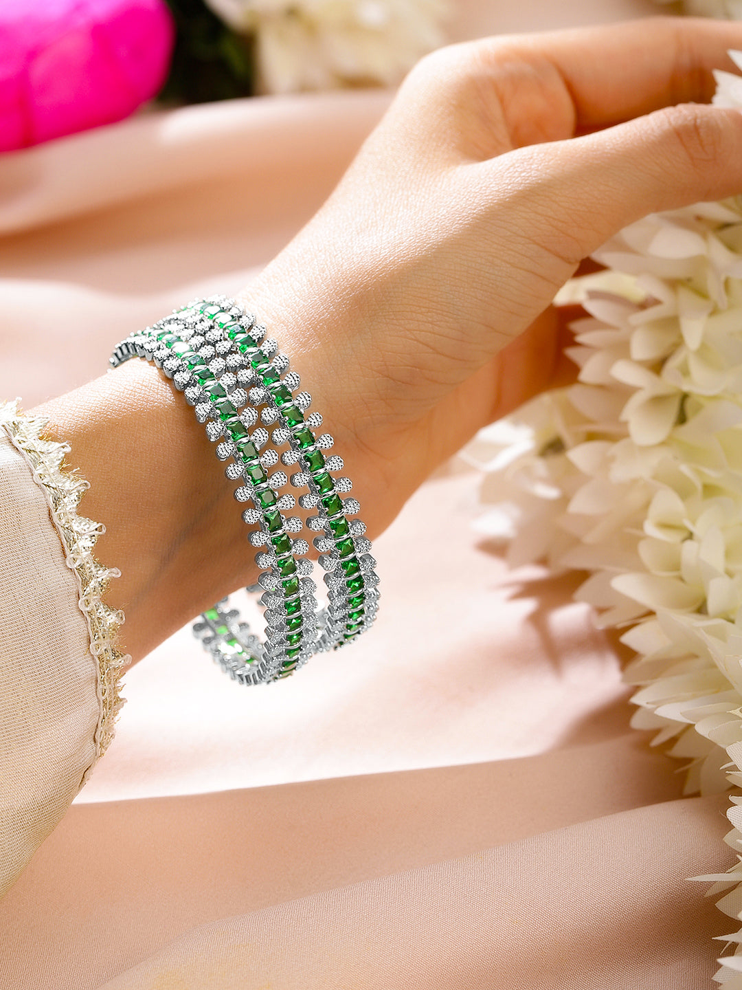 Rubans Set of 2 Rhodium-Plated Emerald Green & White Cubic Zirconia Studded Luxe Bangles 2.4 - Small