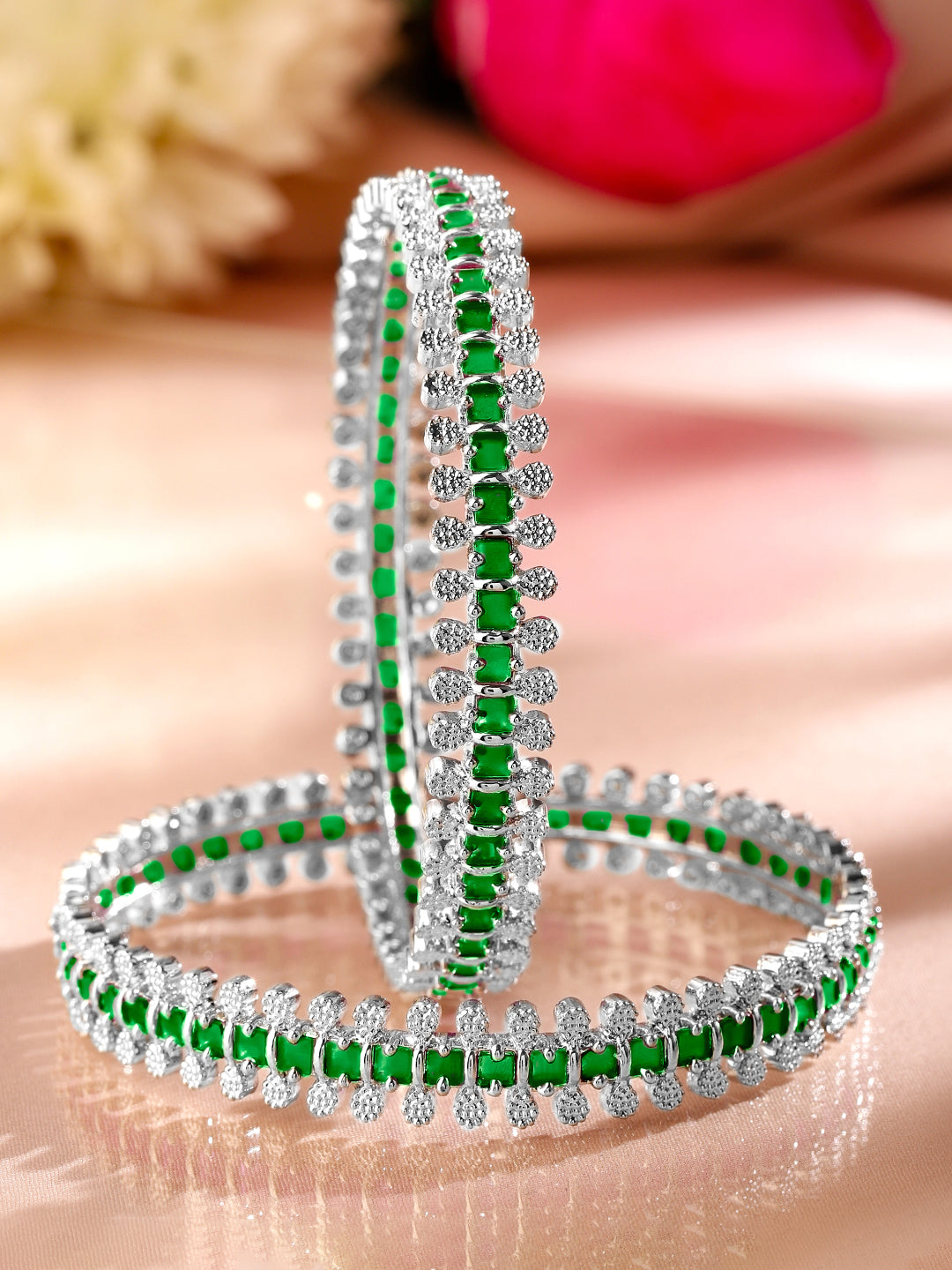 Rubans Set of 2 Rhodium-Plated Emerald Green & White Cubic Zirconia Studded Luxe Bangles 2.4 - Small