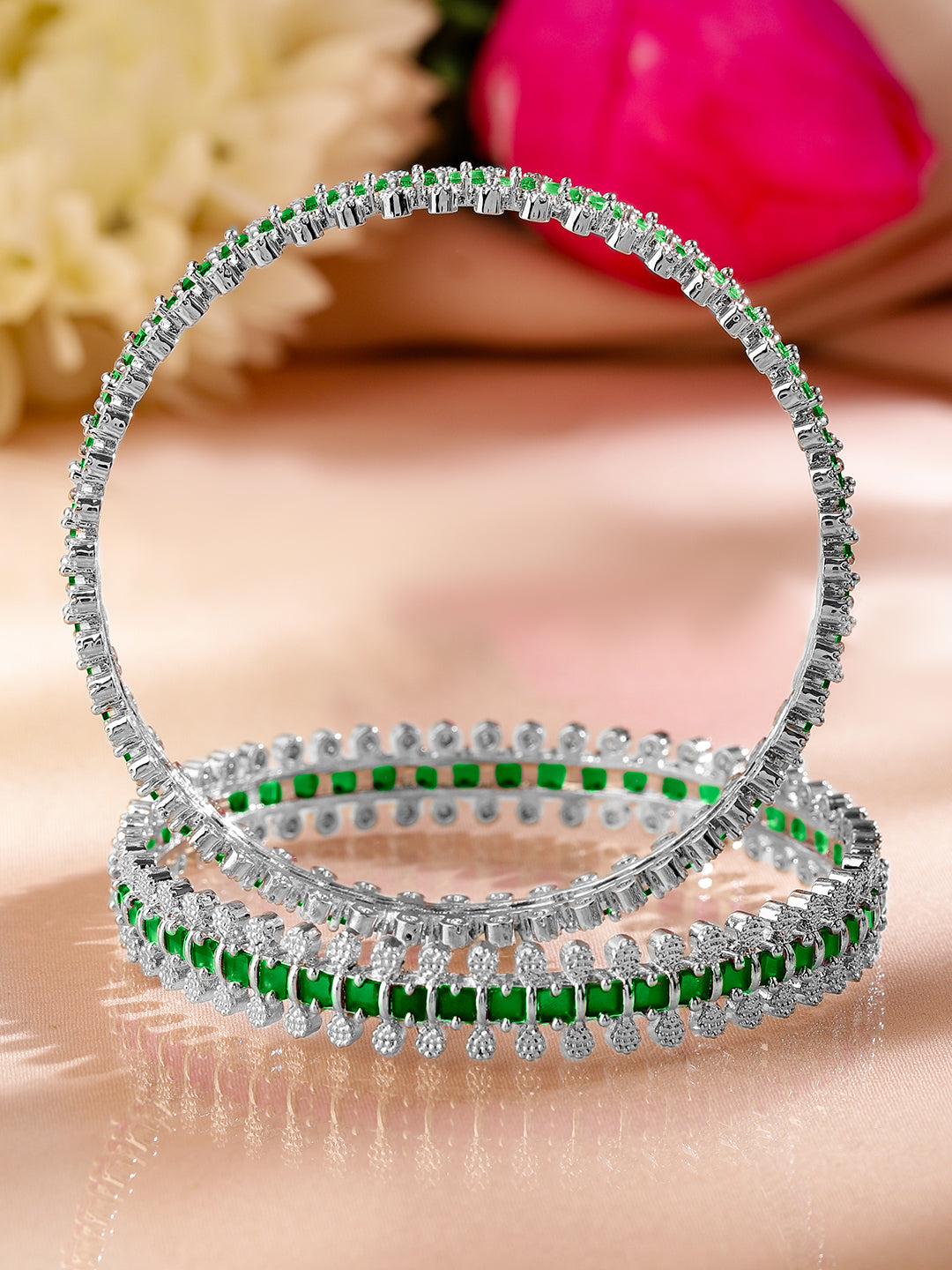 Rubans Set of 2 Rhodium-Plated Emerald Green & White Cubic Zirconia Studded Luxe Bangles 2.4 - Small