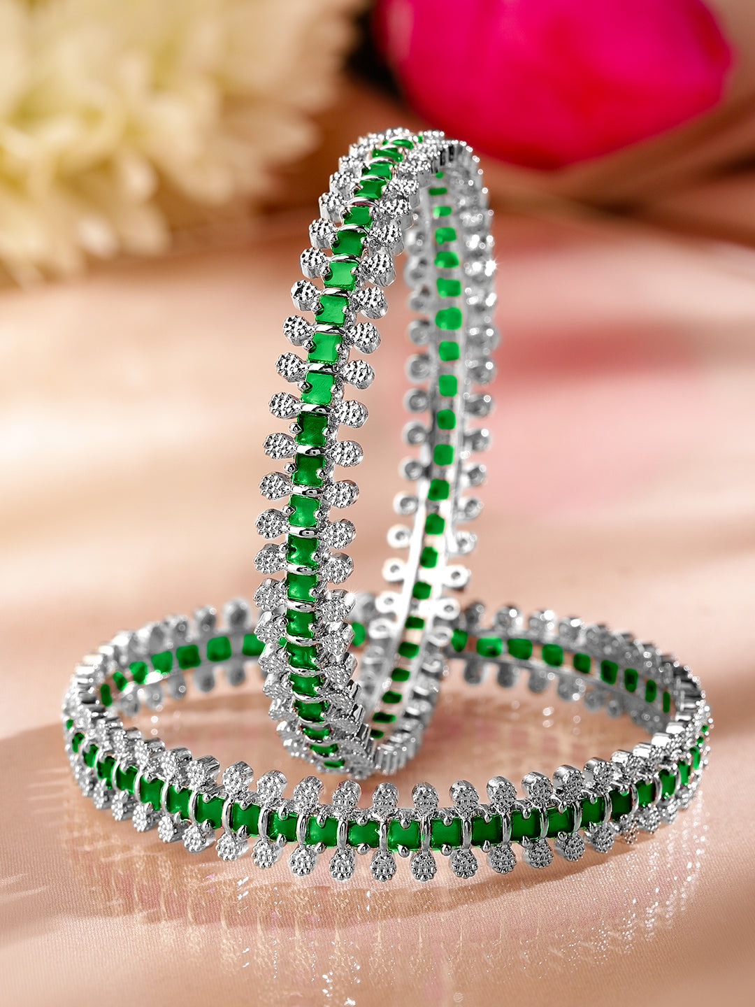 Rubans Set of 2 Rhodium-Plated Emerald Green & White Cubic Zirconia Studded Luxe Bangles 2.4 - Small
