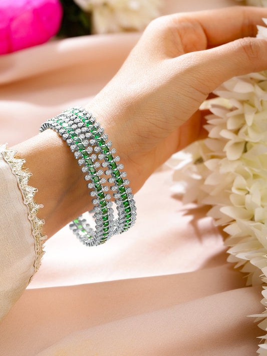Rubans Set of 2 Rhodium-Plated Emerald Green & White Cubic Zirconia Studded Luxe Bangles 2.6 - Medium