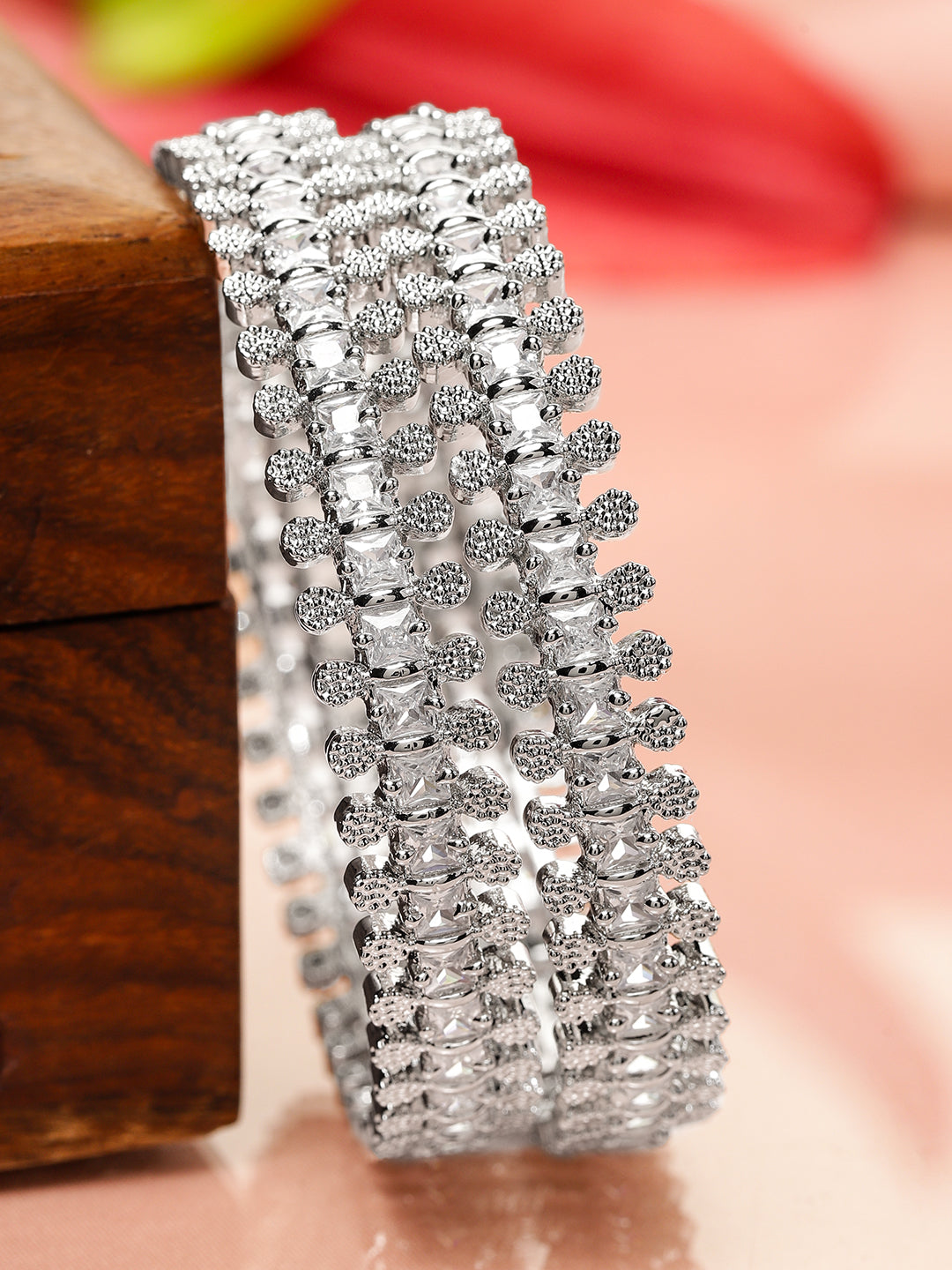 Rubans Set of 2 Rhodium-Plated White Cubic Zirconia Studded Handcrafted Luxe Bangles for Women 2.4 - Small